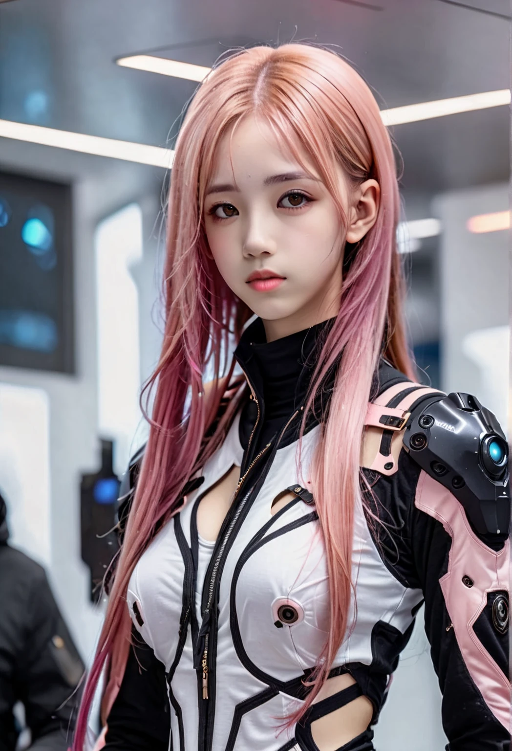 (Sitting with Knees Up on sofa at living,
spread legs :1.3),(Pink Hair :1.3),masterpiece、((Black metallic sweater))、 ((Plug Suit)), ((beautiful girl:1.2))、I have no arms.、Mechanized body、Mechanized chest and abdomen、Mechanized back of the head、Body-fitting mecha leg rack metallic suit、 Are standing、Tied up、金属robot、((Cyberpunk Background))、(Neon Light)、(Futuristic Machine Factory Background)、Cyberdyne、Artificial body、All-metal body、Ironwork、Abdominal Structure、((robotアームとハンド))、((robotの脚))、((Machine Neck))、Inside the spaceship、beautiful girl、16 years old、Asian Beauty, (Actuators and cables exposed from the abdomen.、金属robotの首から胴体まで接続、Complex 3d rendering beauTiful porcelain profile super Familiard female android face、cyborg、robot部品、150mm、Beautiful studio soft light、Rim Light、Sharp details、Gorgeous Cyberpunk、Ren Hao、超Realistic、Anatomical、Facial muscles、Cable Wire Microchip、elegant、Beautiful background、Octane Rendering、HR Giger Style、8k、highest quality、masterpiece、Consciousness upward、Very delicate and beautiful、 非常にFamiliarなCG、Unity、wall-、(Realistic、Realistic:1.37)、wonderful、Familiar、masterpiece、highest quality、Official Art、Highly Familiard CG Unity 8k wallpaper、Absurd、信じられないほどAbsurd、、robot、Silver Beads、Ezvian everywhere、 Are standing