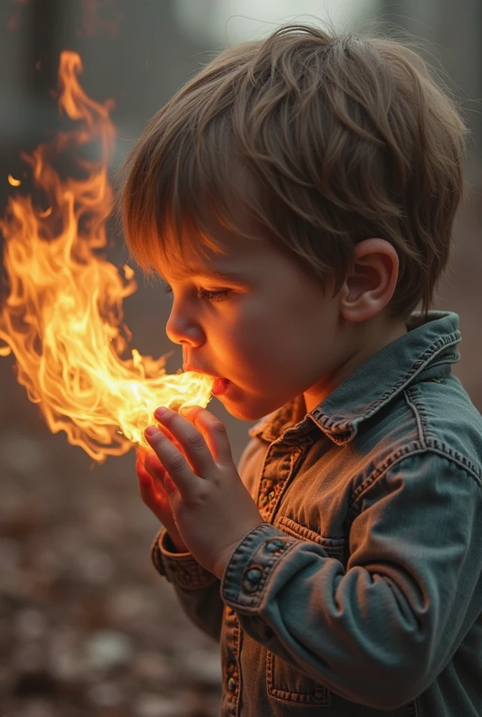 BOy child 10 years old, Russian blonde in braids, com roupa de jaqueta de couro vermelha, estilo retrato, flames are glowing in the dark with a reflection of the fire, chamas de fogo, chamas no fundo, fogo e chamas.