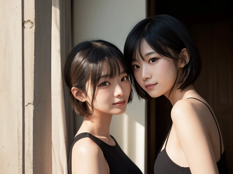 女の子1人、A dark-haired、On-eyebrow bangs、Shave your hairline、Shaved temples、Shaved nape、Nicely aligned neckline、Bob-cut hair、Sit on the floor with your back straight、Open legs、Wearing a black kimono、backshots、Inside the large hall of the Japanese-style room、fullllbody、perfect anatomia、depth of fields、Center the subject、Spiritual silence、Transcendental tranquility、Shyness、absurderes、nffsw、(Photorealsitic:1.4)、extra detailed face、Raw photography、film grains、Deviantart Trends、a scene from a movie、Natural Day Light