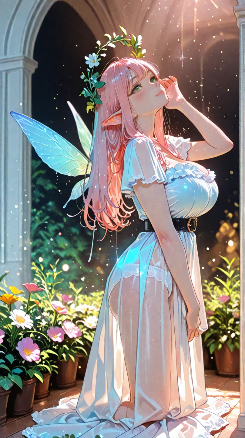 (masterpiece), (realistic), (best quality), (ultra-detailed),  amazing, ((fairy of love, red eyes, lace wings, intricate fairy-tale outfit , shoes with hearts, very long white hair with pink strands, multicolored hair, dreamy smile)))), cinematic light, unusual angle and pose,)),