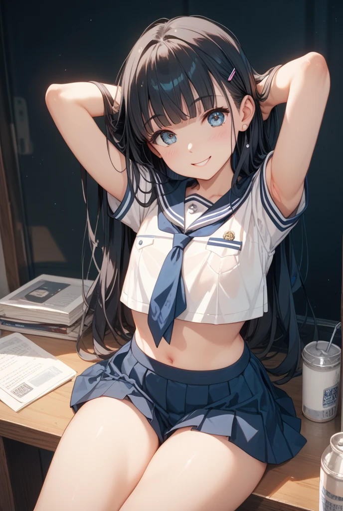 highest quality、cinematic lighting、 in sailor suit、smile、embarrassing、dripping sweat、full of sweat、(Photo 1 seen from below:1)、school classroom、long black hair、white panties、
