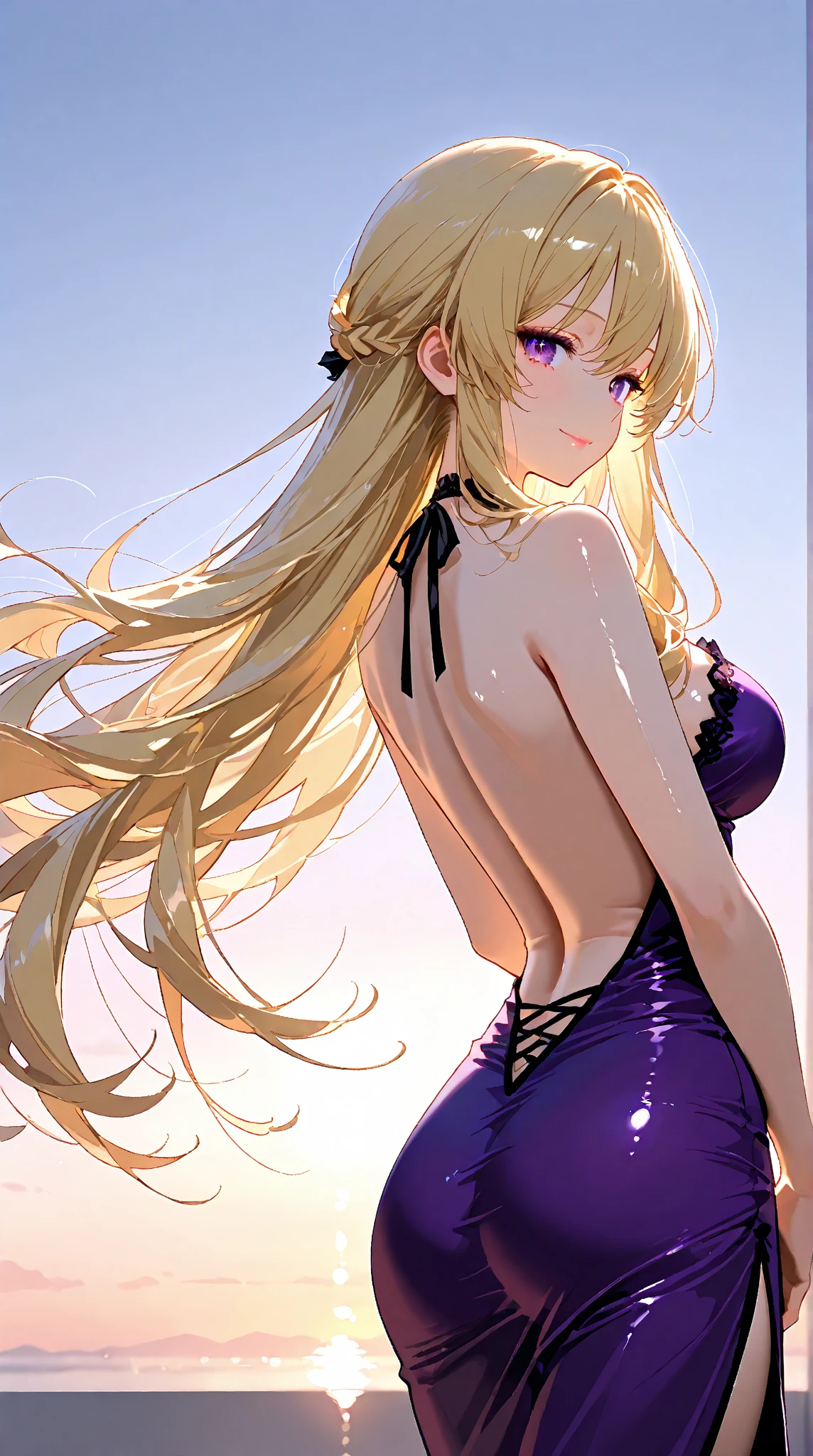 "Under the moonlit sky in Albion’s royal palace, Eleanor of Albion swims elegantly in a grand, gothic-inspired pool. The stone arches and towering spires of the palace are silhouetted against the night, while the water is illuminated by soft, ethereal lights beneath the surface, creating a magical atmosphere. Eleanor wears a deep blue, one-piece swimsuit with silver accents, mirroring the night sky above. Her long (((blonde))) hair flows behind her as she glides through the water, her movements as graceful as they are regal. The gentle glow of lanterns and the reflection of the stars on the water add a mystical charm to the scene, highlighting the enchanting beauty of Albion’s princess."(((back view))),(((Photo taken from below))), (((Upper body only)))