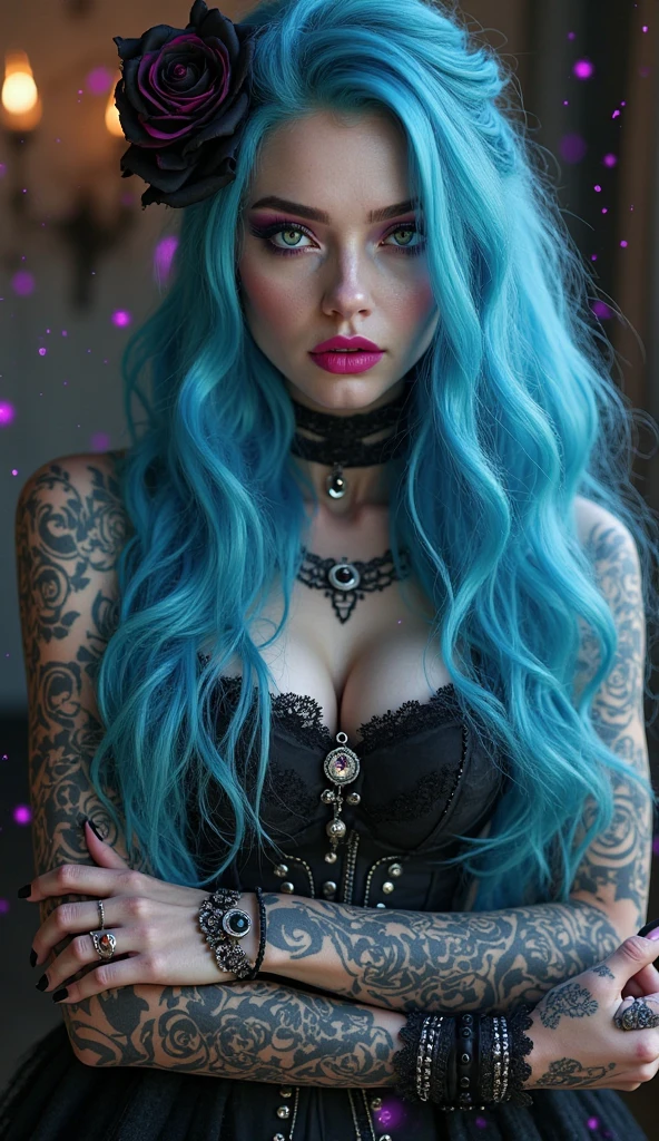 Create a hyper detailed photograph of a nightmare before Christmas tattoos young sexy stunning gorgeous female oggy boogy, Stunningly perfect gorgeous face, perfect makeup, detailed vibrant eyes, long hair,detailed perfect beautiful legs, detailed perfect beautiful arms, realistic torso, detailed silky smooth skin texture, detailed silky smooth perky breast, perfect round ass, transparent strappy lace lingerie, back to viewer, looking forward,