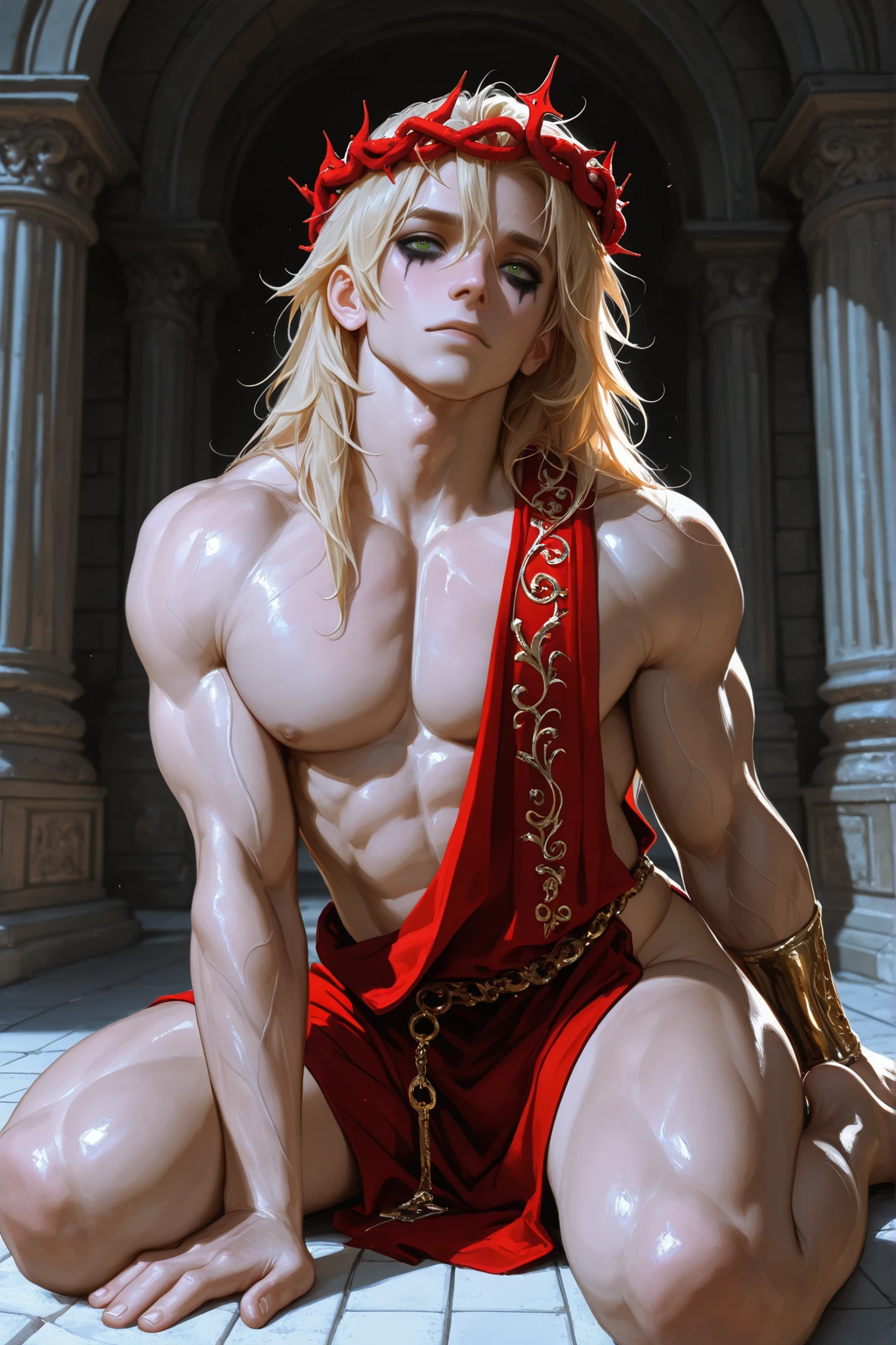 (8k,shipmentsrrealista shipments Maximum quality;1.4) (1 young boy) Super handsome king of the underworld (lifelike face) (long yellow hair with red tips, bright floral hair) slenderbody Muscular and hairy and macho Bright yellow and red floral aristocratic costume with large golden eyes bright yellow and red floral decoration Fangs peeking out of the mouth Pointed claws a seductive gaze Beautiful expression A hyper-realistic (King of the Underworld) appealing (real looking skin) super high resolution high détail Luxury Yellow and Red Floral Trousers yellow and red aura emanating from the body effect yellow and red transparent floral cover