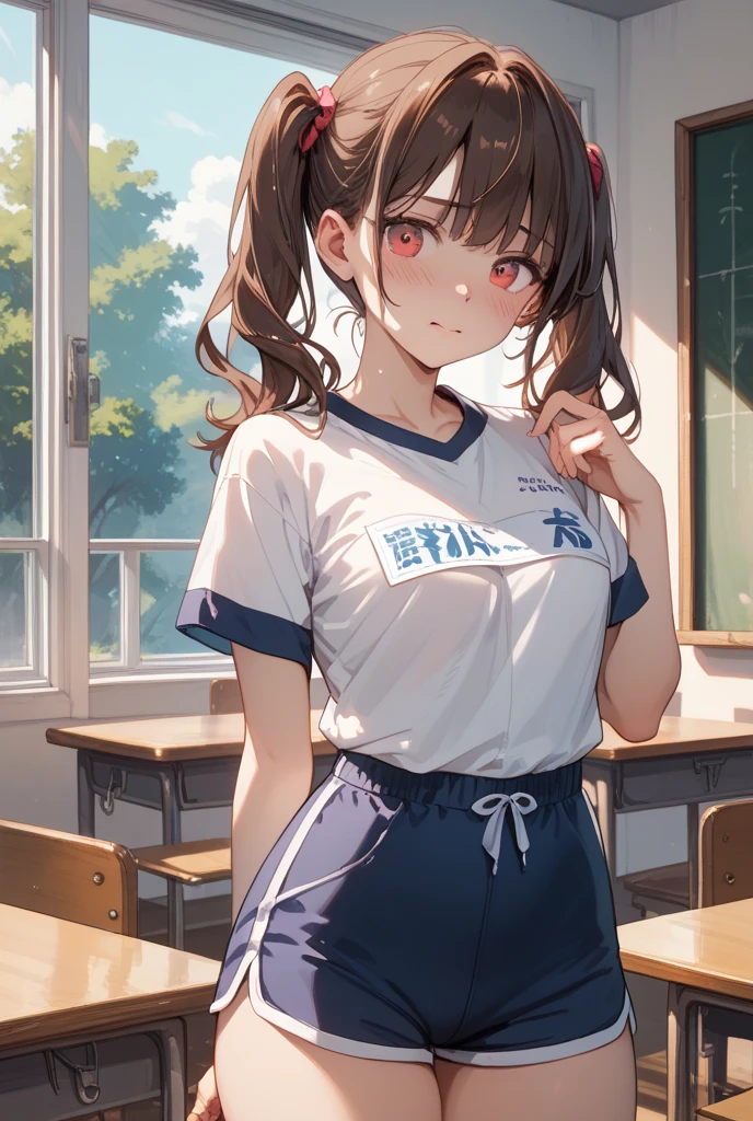 (((1girl))), ((best quality)), ((masterpiece)), ((ultra-detailed)), (illustration), (detailed light), (an extremely delicate and beautiful), (beautiful detailed eyes), (sunlight), ((extremely light)),
((((white and deep indigo gym uniform)))),
school girl,
wavy long, (((dark brown hair))), (((long hair))),
(((deep orange eyes))),
((whole body)), aged 14 to 17,
diamond, beautiful, ((extra elegant)), (((condescending expression))), (sexually mischievous smile), (((extra adorable))), (((extra slender shape))),
sitting on her knees on the floor in the school gym,
(((extraordinarily thin thighs)))