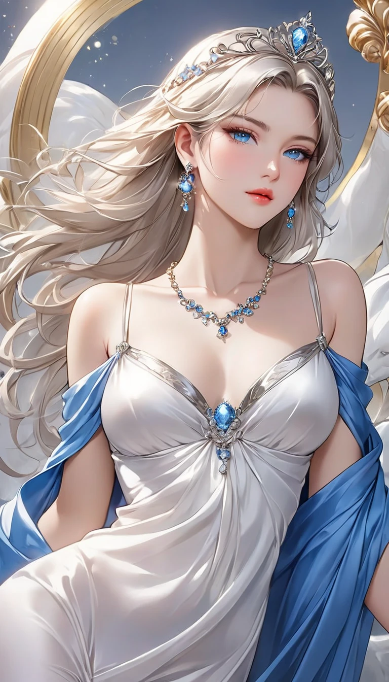 cool beauty, vivid and attractive expression, half up of sparkling shiny silk,  unrivaled physique , wearing the luxurious and elegant fashion of ancient Greek chitons and himathions, accessories, I'm an Aquarius person, Another dimensional background, Professional and perfect composition, very delicate depiction, very clear images, Mr.々Effects , Bold and Dynamic, Contrast of Light and Dark, 2.5d, artistic photography, Super Real, Woman with attractive and graceful face, Well-shaped medium , long silver blond straight hair, slender, slender blue eyes, Light pink lips, (nightdress, Noble and prestigious, The suppleness of silk, Silk luster, Silk texture, pure white marble tone), Accurate and Delicate Brushwork, Detailed and vivid depiction, Japanese-style pattern with an anatomically accurate, Glossy Beautiful Skin, perfect face, perfect balanced figure, necklace, earrings, diamond and platinum tiara, looking at me, Perfect drawing composition, Open the top slightly,  upper body portrait, Placed in the center of the area, Best Quality, high resolution, High Definition, 8k, masterpiece, detailed animated illustration art,