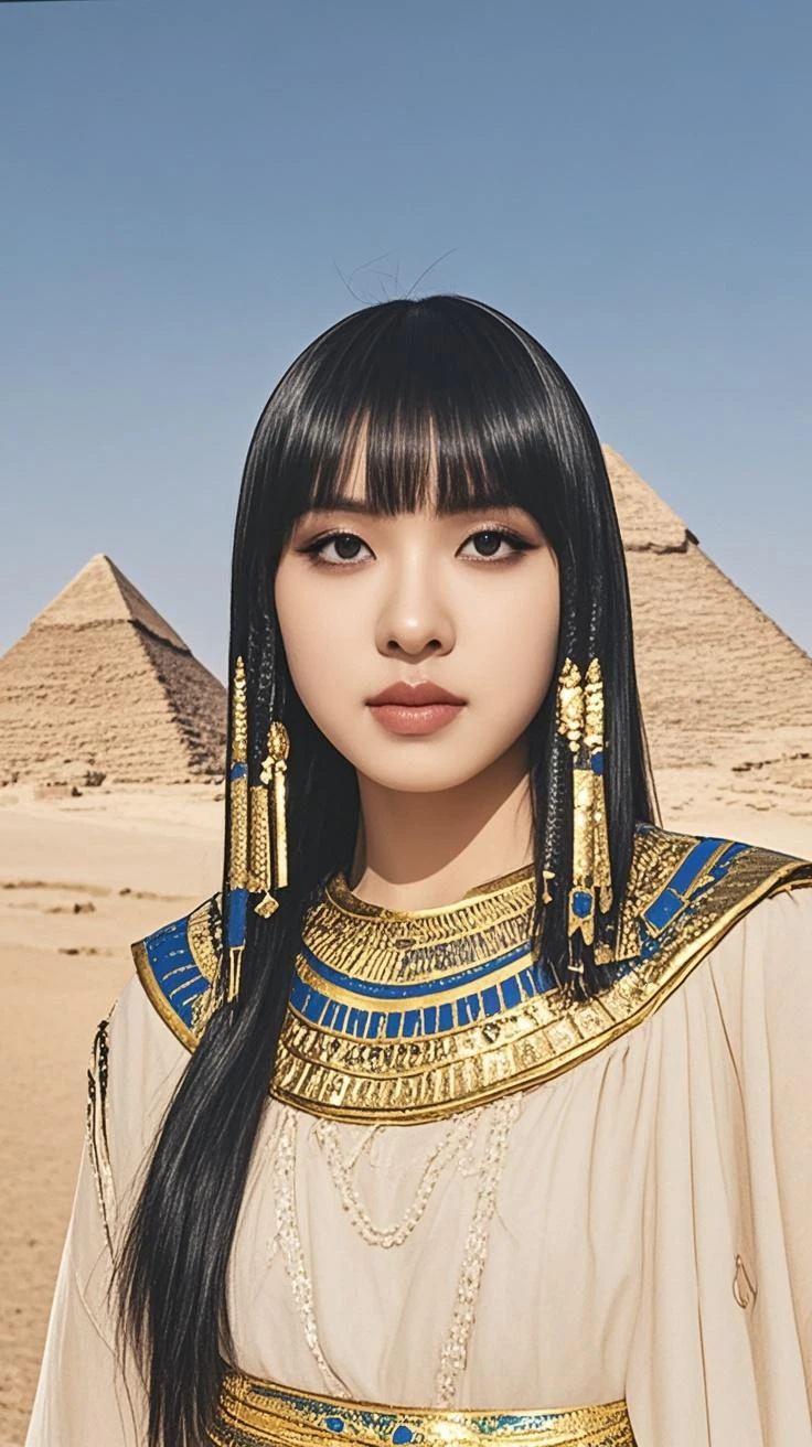 Egyptian Pharaoh、See-through、It's digging in、On all fours、I'm not wearing anything underneath、Full Body Shot、20th Ayaka、NiziU AYAKA、 4K、1People Women、slender、 Loose, wavy styling 、Fascinating and attractive、Including the texture of the face and skin.,Detailed eyes