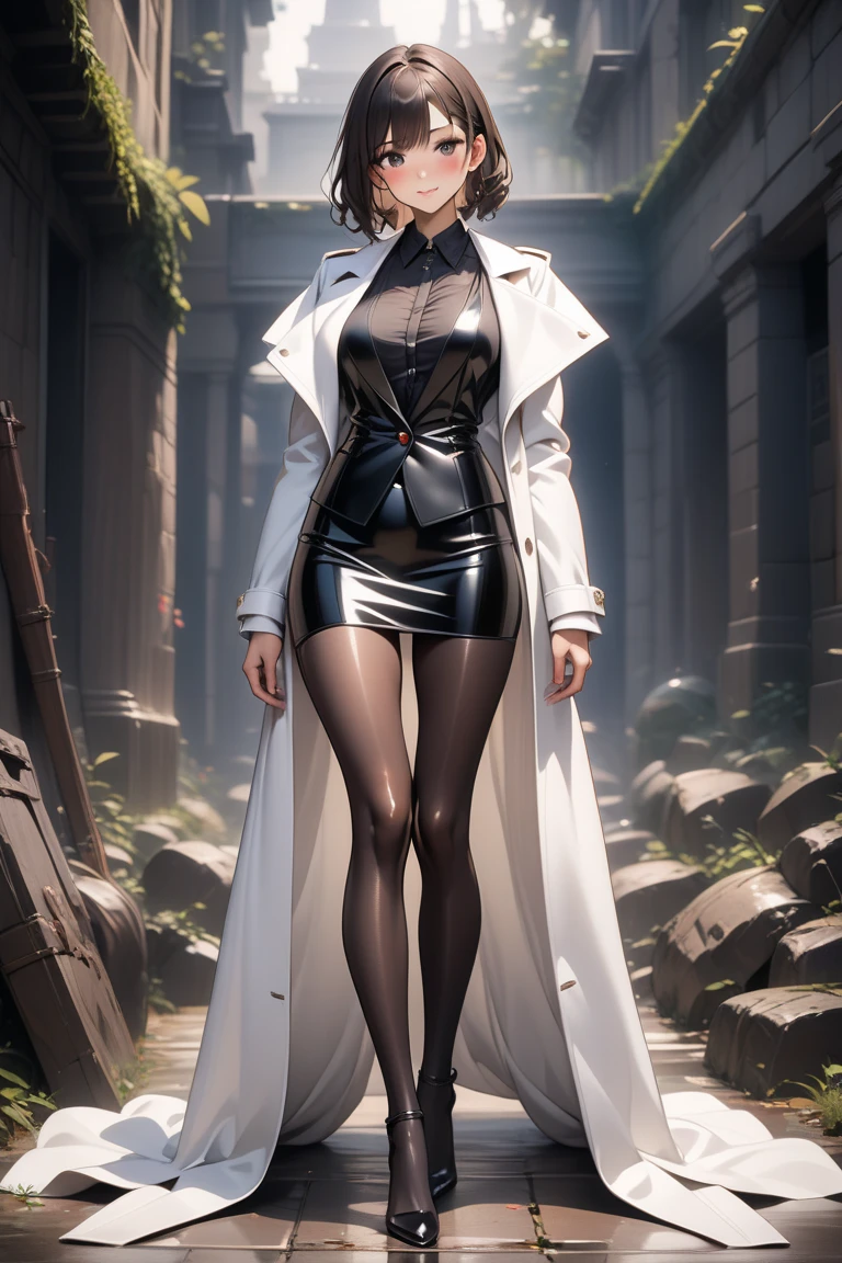 (masterpiece, Highest quality), (High resolution, Very detailed), (Perfect Anatomy), Outdoor, One person, alone, dress, interjection, Large Breasts, Sunburn, necklace, White sleeves, Knee socks, Muscular, Thighs, whole body, Priestessess, church, Devout, pants, coat, pull, boots, Bodysuits, bigdress, Biglobe,black Bodysuits, ハイboots, Feet together, From toe to head,nfsw