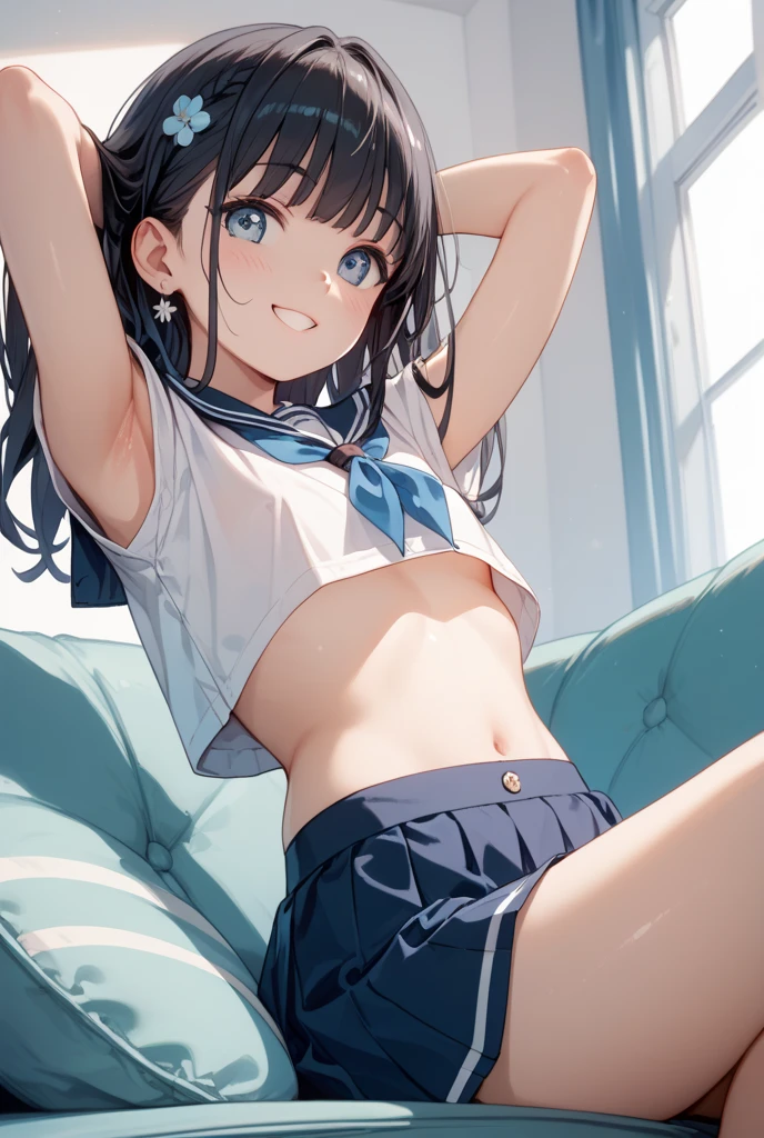 full shot, a 16 years pld girls,bangs, small hips, bra, light blue plaid panties, nose blush, smile, in her room