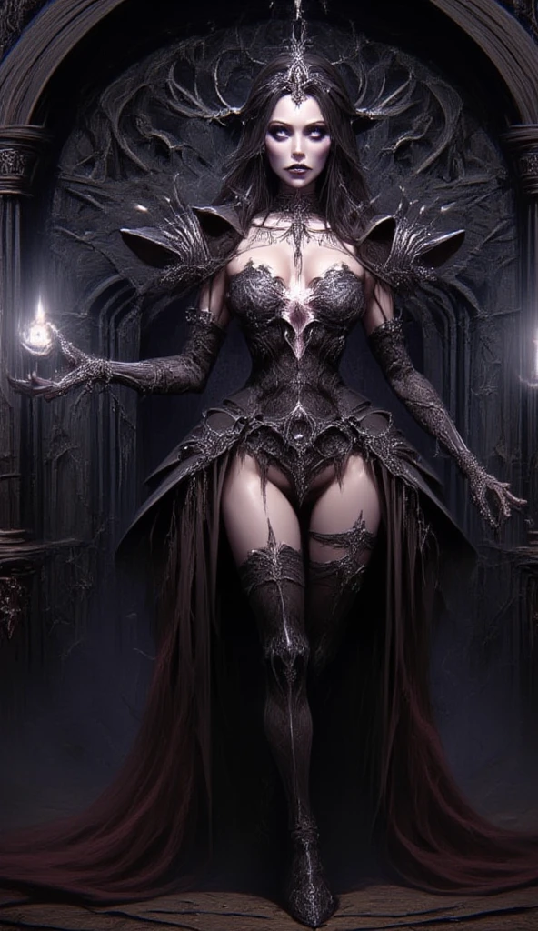 (8k, high detail, intricate, masterpiece: 1.1), (symmetrical: 1.05), Lovecraft Madness theme, Tarot512, concept art of DanaHamm, (very provocative: 1.15) as the Queen of Elves,

(realistic: 1.2), (photo-realistic: 1.38), (stylized: 0.9), ultra-detailed,

an ethereal elven figure, with elongated, pointed ears,
slender and graceful form, dressed in an intricately designed outfit,
a fitted, boldly colored bodice ad