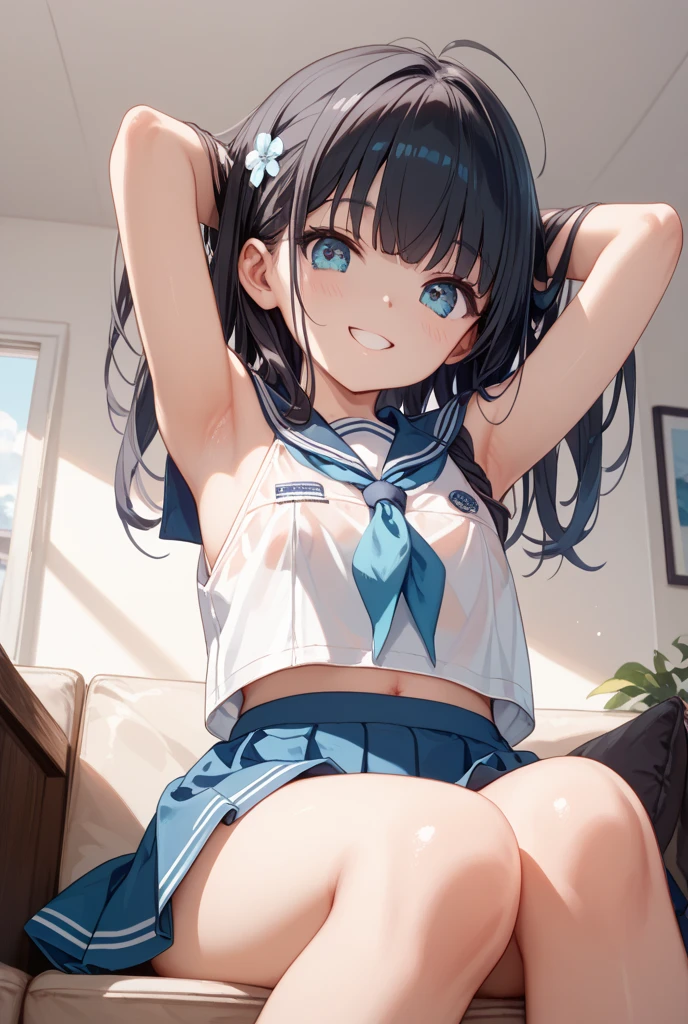 (Highest quality), (masterpiece), 1080p, High resolution, 4K, 8k,中chest, semen, Looking down, Lower Body, Leg spread, spread legs, legs up, Grab the butt, Embarrassing, ((school uniform)), classroom, smile, Exposing shoulders, blowjob, between chest, Paizuri, chest, Breast compression, Panic face, ((Nipples)), Light blue, ((stripe Bikini)), ((Micro Bikini)), Light blue, Shooting from directly below, Long black hair, cotton SOCKS, , 18-year-old, Sweaty,