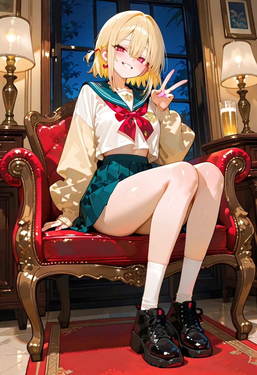 (((One girl))), ((Highest quality)), ((masterpiece)), ((Super detailed)), (figure), (Detailed light), (Very delicate and beautiful), (Beautiful attention to detail), (sunlight), ((Very light)), ((Very clothes)), (((Hyper Detail))),(((((Front lighting))))),(((((Front light))))),
((((A very cute sailor suit with a pleated skirt)))),
,
Short wavy mannish bob, ((((Yellow gold hair)))), (((short hair))),
(((Ruby Red Eyes))),
((((whole body)))), Ages 5 to 8, ((((())))), ((((So adorable若い女の子)))),
(((Condescending look))), (A mischievous smile accompanied by sexual satisfaction), (((So adorable))), (((Very slim shape))),
(((Very beautiful and detailed face))),
(((Sit with your legs up))), (((((Dutch Angle))))),(((Mint Striped Panties))),
(((()))),
(((Extremely thin thighs))), (((White socks)))