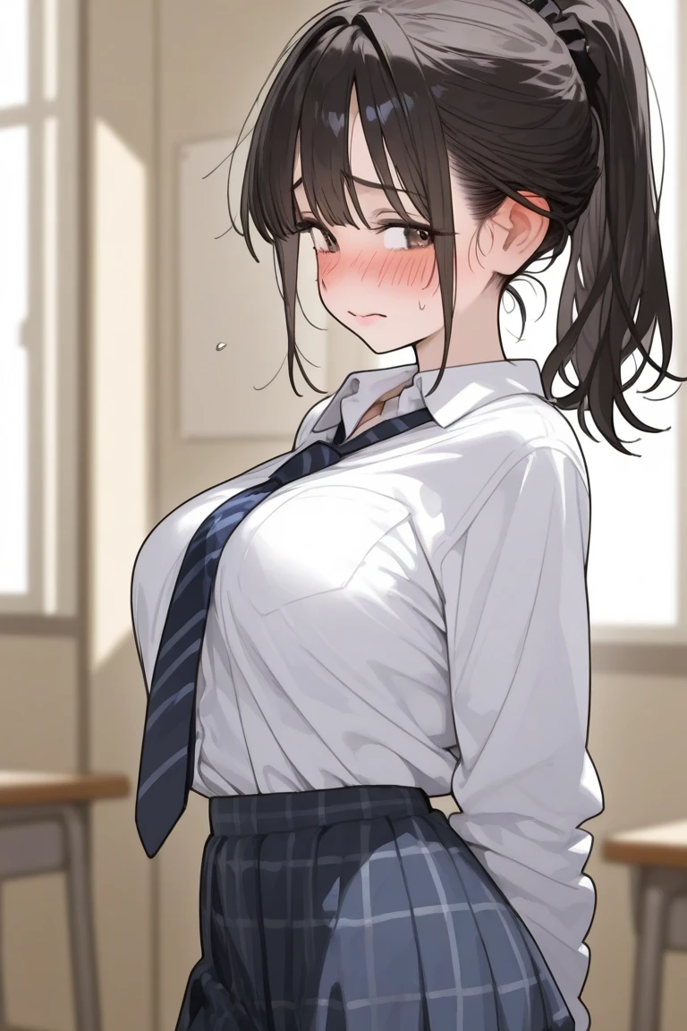 ((best quality)), ((masterpiece)), ((detailed)), (((perfect face))), (((slender 18yo teenage girl))), (((topless))), (((medium breasts))), ((dark blue pleated skirt from waist to thighs))), ((dark brown hair)), ((short ponytail)), (((((both eyes closed))))), ((shy:1.3)), ((blushing:1.5)), ((skinny thighs)), ((skinny hips)), (((bare arms))), (((bare shoulders))), (((bare stomach))), (((interior school corridor)))), (((standing))), (((close up on upper body))), (((arms crossed)))