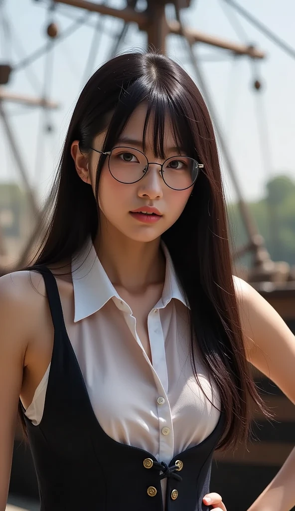 (8K、Raw photography、top-quality、​masterpiece:1.2)、(realisitic、Photorealsitic:1.37)、ultra-detailliert、超A high resolution、女の子1人、see the beholder、beautifull detailed face、A smile、Constriction、(Slim waist) :1.3)、((White blouse clothes))、Beautiful detailed skin、Skin Texture、Floating hair、((Hair bunched into one))、large full breasts、Professional Lighting、In front of the station at noon、((Black square glasses))、Whole human body、Brown hair、phone、