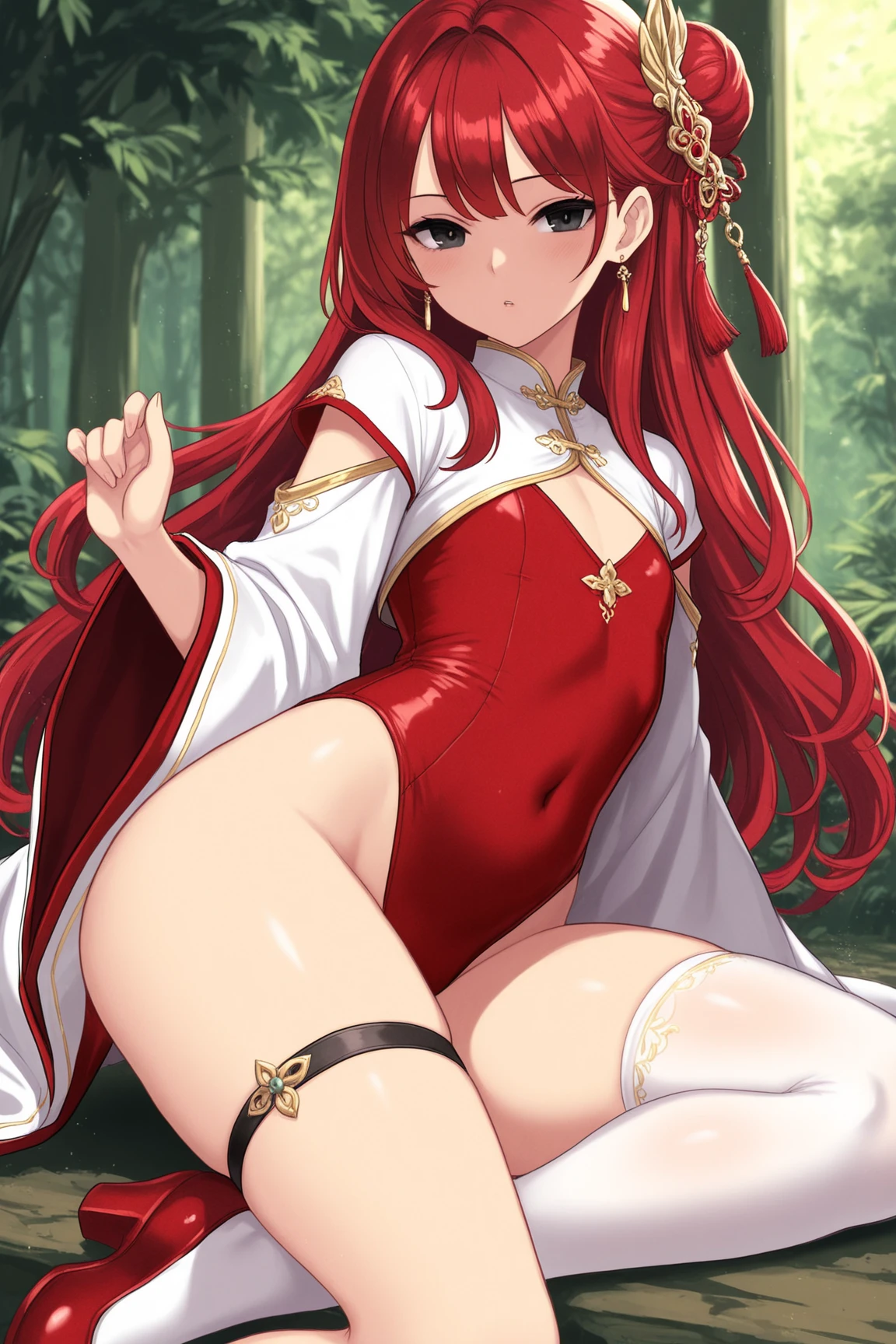 In a garden full of flowers, under the sunlight, Super high quality(8K) Masterpiece Best Quality 1girl Detailed Beautiful Woman soft and big breasts, Highly detailed sleepy red eyes shiny big nipples nature_lit, shining outdoors, Highly detailed wavy long hair, beautiful night sky Highly detailed clear white skin Highly detailed single line pussy troubled face Completely naked small face realistic adult erotic woman Bewitching eight-headed body elf spread legs Red hair garter belt gloves up to the elbow Thighhighs Muchimuchi Robe of skimpy Highly detailed sleepy expression thick red eyebrows Pointed mouth I'm shy flushed body Sweat I'm lying in bed
