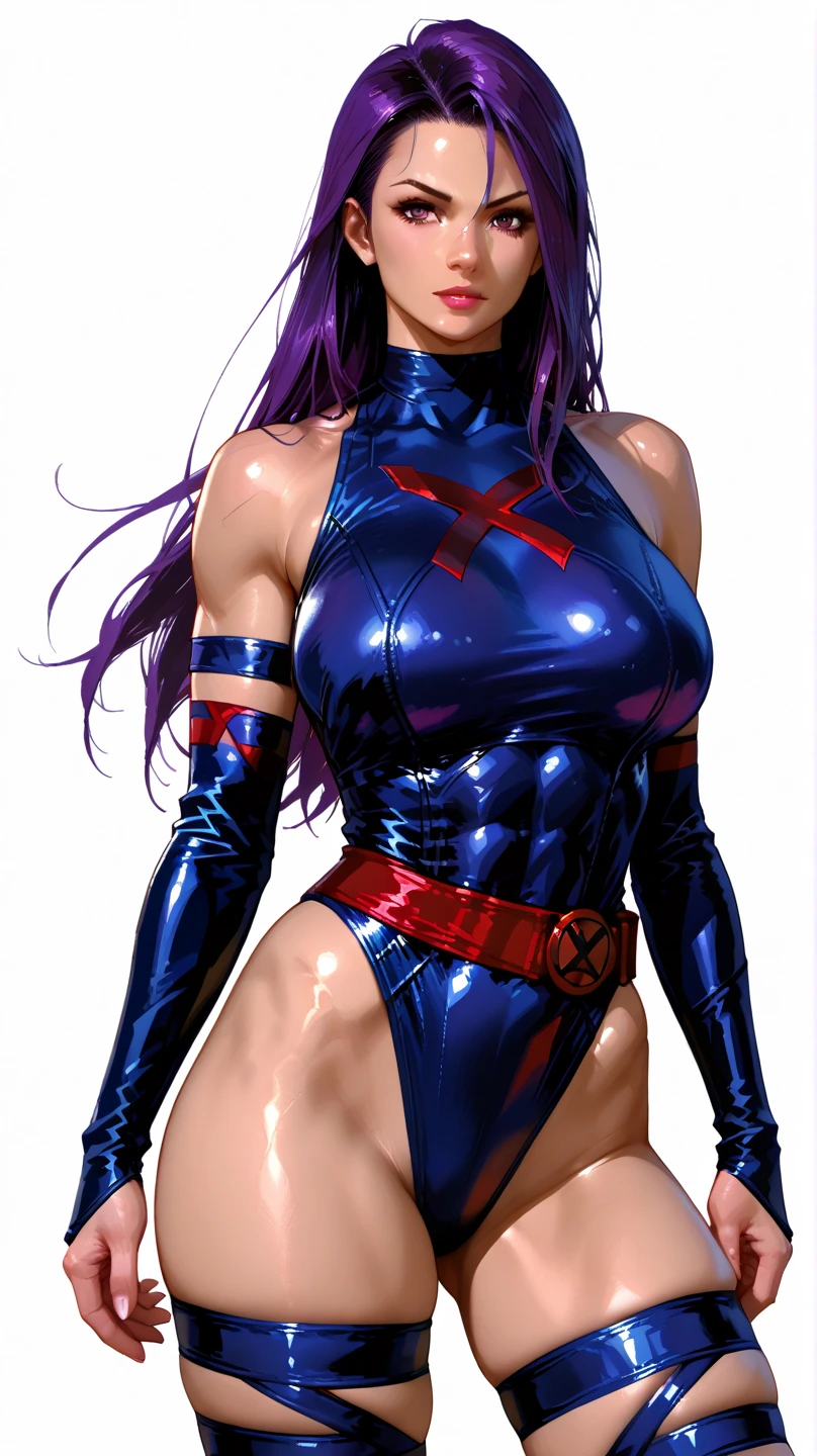 Psylocke with big breasts and long legs is blushing and standing with her hands on her hipouth open and eyes slightly open。