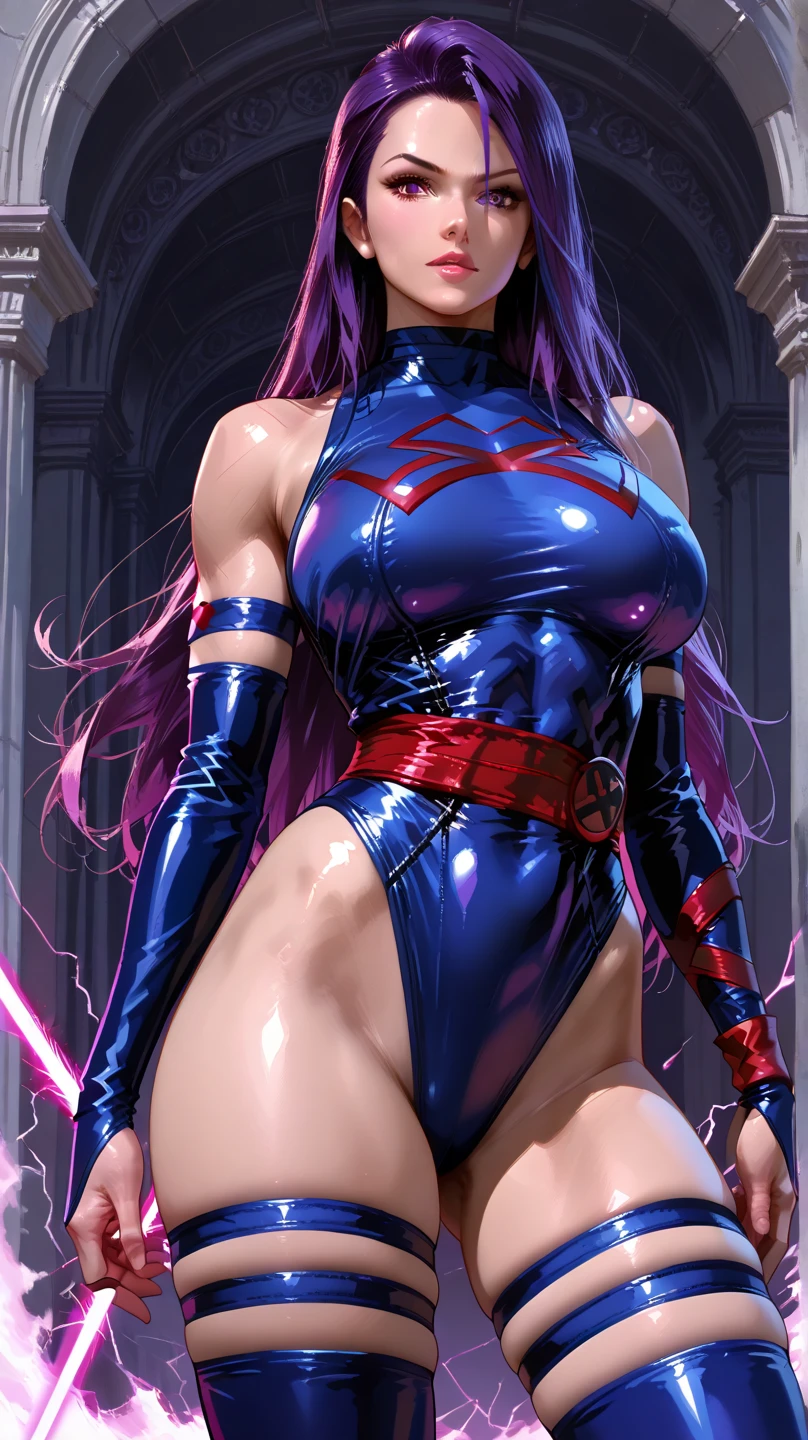 Psylocke with big breasts and long beautiful legs stands with a provocative expression.。