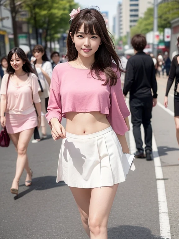 extremely detailed CG unity 8k wallpaper, best quality, ultra-detailed, masterpiece, realistic, photo realistic, extremely detailed cute girl, 20years old, (((skirt lift by myself))), (lifted by self), panties , panties focus, blush, parted lips, looking at viewer , half body shot , (crowd), (crowded city) , short hair ,