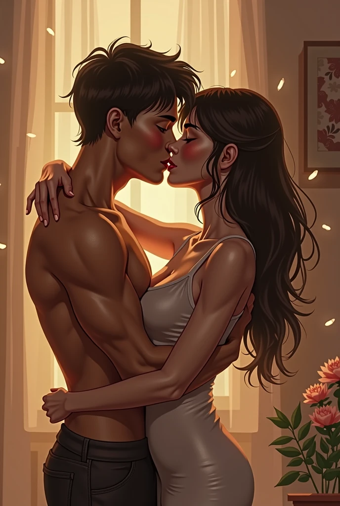 A petit, beatiful, delicate woman with long black hair, being held by a tall and muscular man, with no beard, black hair. In a kitchen. 