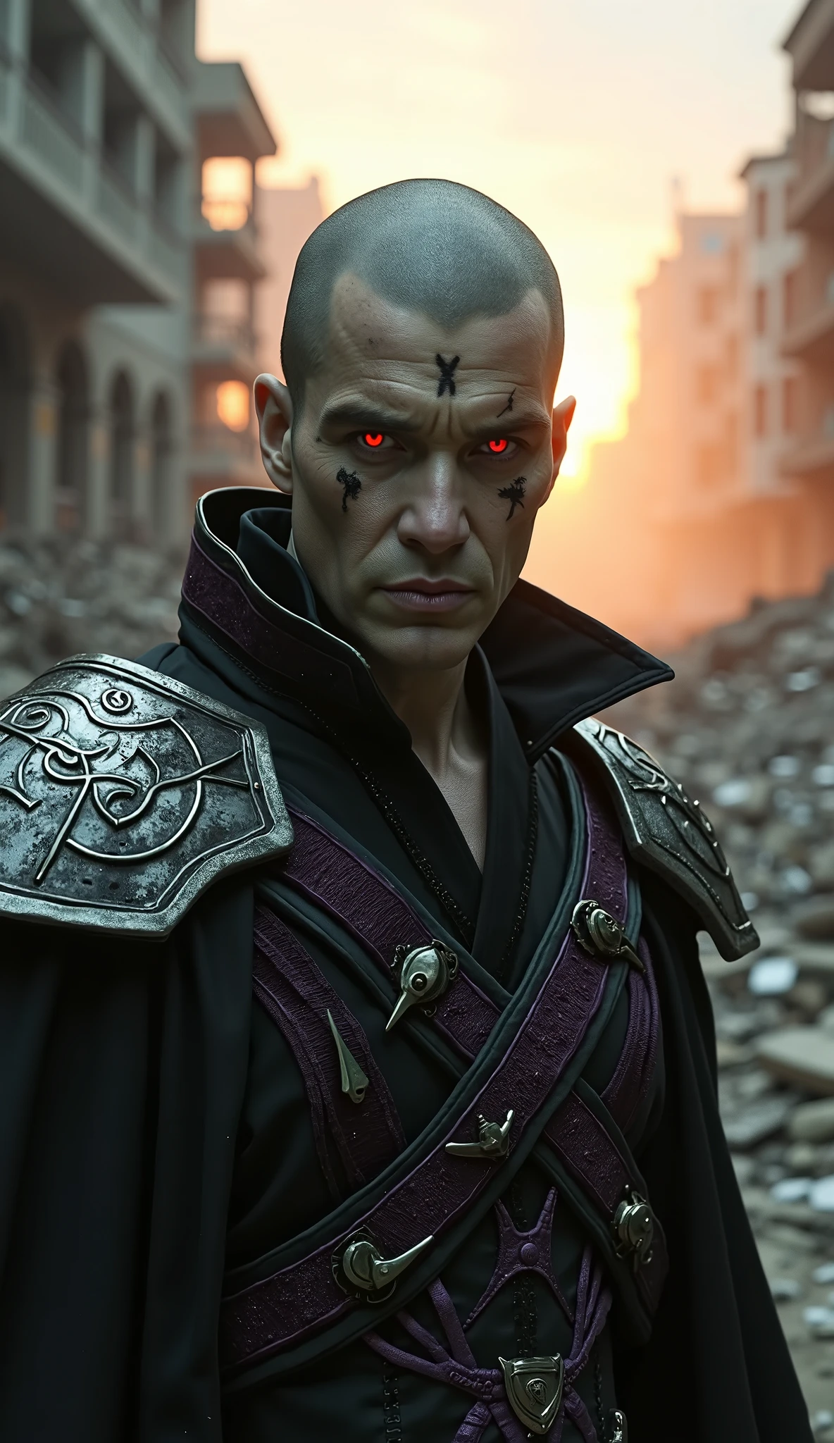Cillian Murphy as Quan Chi in a dark and imposing look, pale greenish skin, eyes glowing red, mystical runic marks on her face and shaved head. Black ritualistic costume with pointed armor and aged metal shoulder pads, details in matte silver and dark purple. upper body highlighted. Hyper-realistic cinematic background of a destroyed city: collapsed buildings, thick smoke, carros batidos, sparks in the air and orange late afternoon light crossing the rubble. post-apocalyptic atmosphere, epic and dramatic.