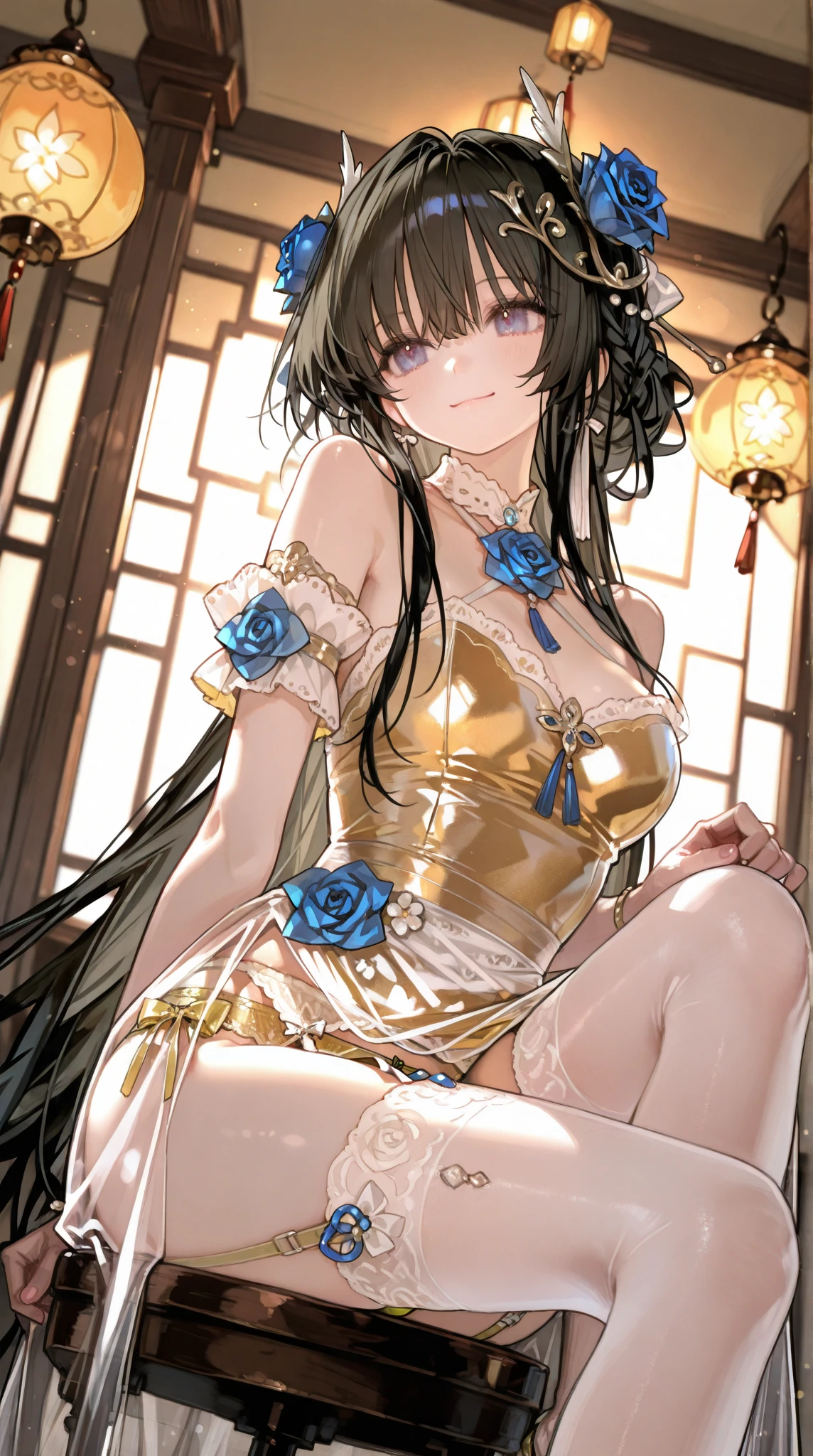 (masutepiece:1.2), (Best Quality:1.2), (((masutepiece))), (((Best Quality))), Perfect eyes, Perfect face,  22 year old princess、Shy smile、Kamimei、Fantasy Medieval City Castle Town , ((medium large breasts))、Puffy nipple、Long wavy hair, dark brown hair, White and yellow lace dress、Gorgeous floral skirt, Hair Ornament, Detailed background, eyeshadows, Fantasy、sexy  pose、Sit on the sofa、Chest Emphasis Pose