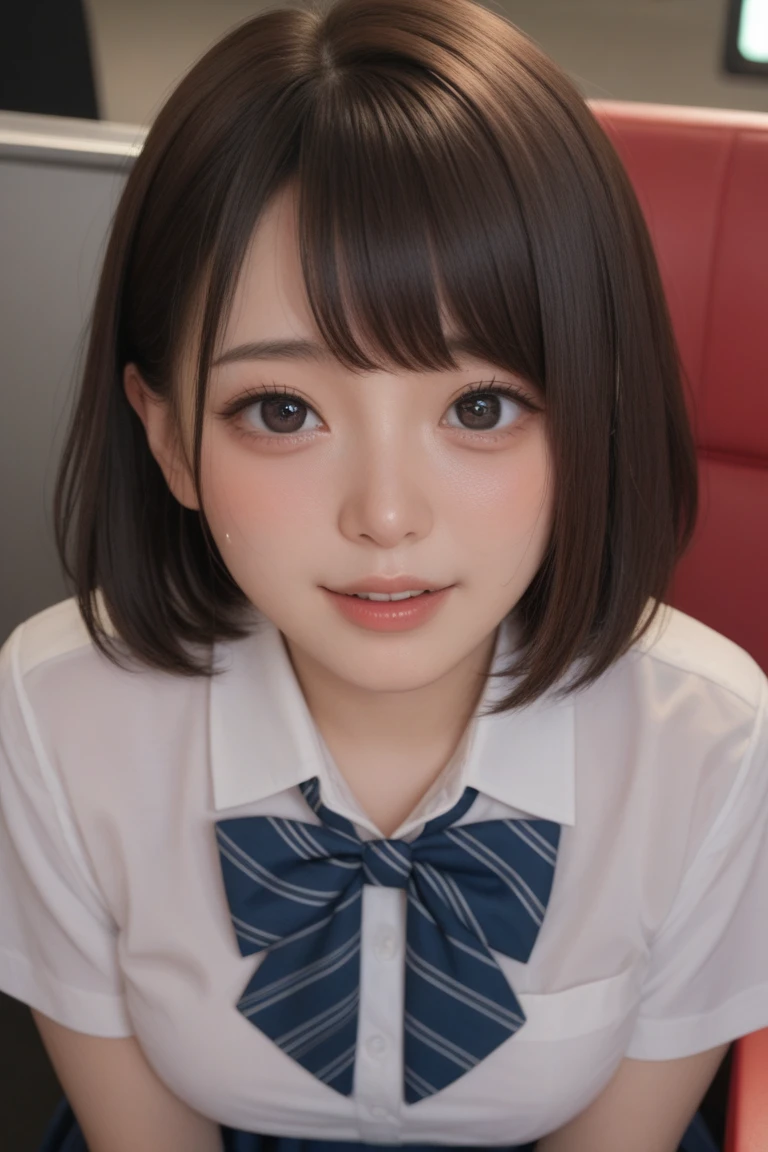 ,Short sleeved white shirt,Grey checked tie,Grey checked mini skirt,Navy blue socks,open mouth,tongue out,cum on tongue,standing,slouch,looking ahead,from above,flont view,upper body,(1girl,Beautiful 14 year old girl),((Slender,Small breasts,Small face,)),looking at viewer,Black Hair,bangs,one side up,Beautiful and detailed,Mischievous smile,Dimly lit room,Simple Background,Black background,Low lighting