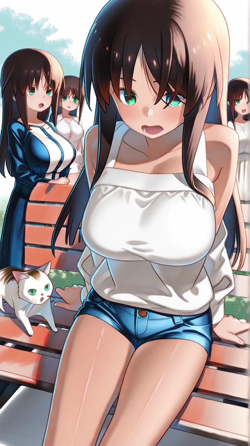 masterpiece、Highest quality、Best image quality、High resolution、Big Breasts、White tank top、jeans、Black Hair、Long Hair、Brown eyearried Woman、30th Generation、woman、Nobody is here、countryside、One straight road