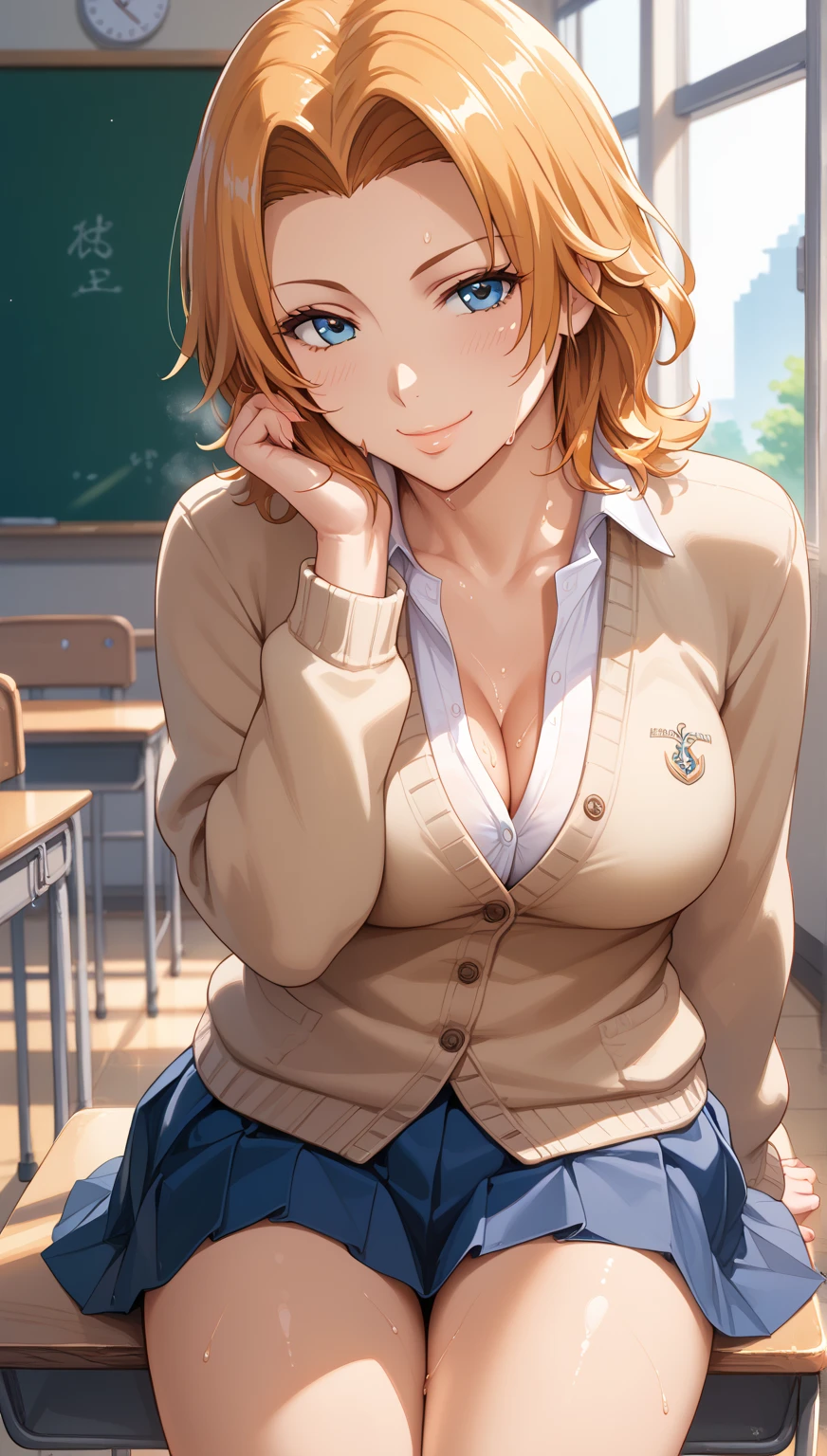 1girl, natural lighting, masterpiece, highly detailed, illustration, game CG, absurdres, high quality, aichan, large breasts, beautiful detailed eyes, detailed hair, glossy lips, blush, school, white shirt, black pleated miniskirt, collarbone, very curly hair, leaning forward, light smile, ((strawberry blonde hair))