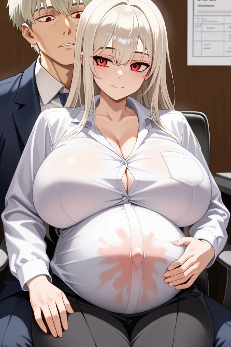 Peach skinned woman with blonde updo hair, she is a doctor and is wearing a doctor outfit, she has very huge breasts and is curvy, she is treating a patient at the hospital
