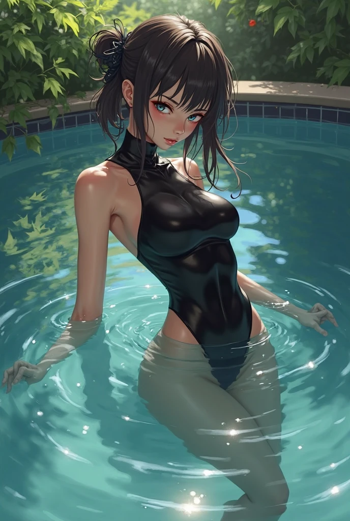 girl, Solitary,Lying down,Bangs, Long eyelashes, beautiful eyes, full,Tube Top,Short skirt,stocking, leggings,(Brushstrokes, Impressionism, painting,Rich scenery)、Disheveled,Chest contour、(((Wet clothing))(((Ultra-thin clothing))),((Flesh outline)),Grinning