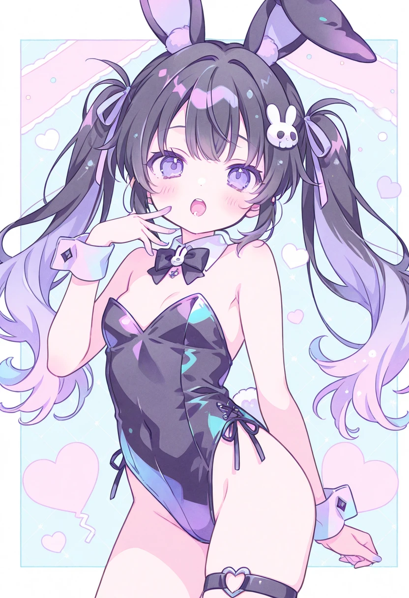 masterpiece, best quality, absurdres, illustration, black,
1 girl, playboy bunny, anime character, kawaii, cute, fuwafuwa,black hair,twin tail hair, blunt bangs,
postcard,