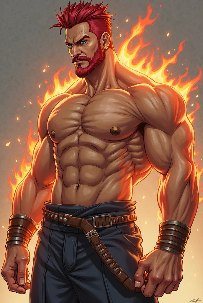 High detail: 1.2 8K: 1.2 Better illumination: 1.2 A strong, muscular man with short, fiery orange undercut hair and freckles stands in a dramatic river of molten magma. He is shirtless, showcasing his well-defined torso and arms, covered in intricate red tattoos resembling flames and embers that extend across his entire chest and back. He wears form-fitting black pants with red flame patterns. His posture is intense and fierce, with his body partially engulfed in roaring flames, reflecting his elemental power. His expression is one of deep anger, with his eyes glowing with a fiery, menacing intensity. The river of magma bubbles and churns around him, casting a fiery glow on his skin. The background is a dramatic, molten landscape with vivid orange and red hues. The scene is rendered in a photorealistic, hyper-realistic 8k style, with intense colors, vibrant HDR, and dramatic chiaroscuro lighting that emphasizes the raw power and heat, good arms muscled.