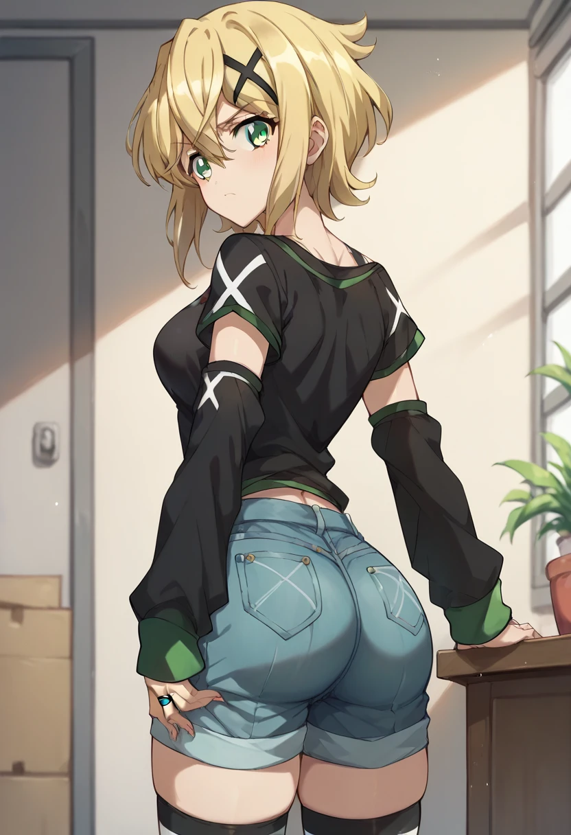 Flat chest, loli, blonde hair, big green eyes, low ponytail, parted bangs, (shiny skin:1.2), classroom, tight clothes, wide hips, thighs, full body, short shorts, (masterpiece:1), (abundant detail:1), arched back, elf ears