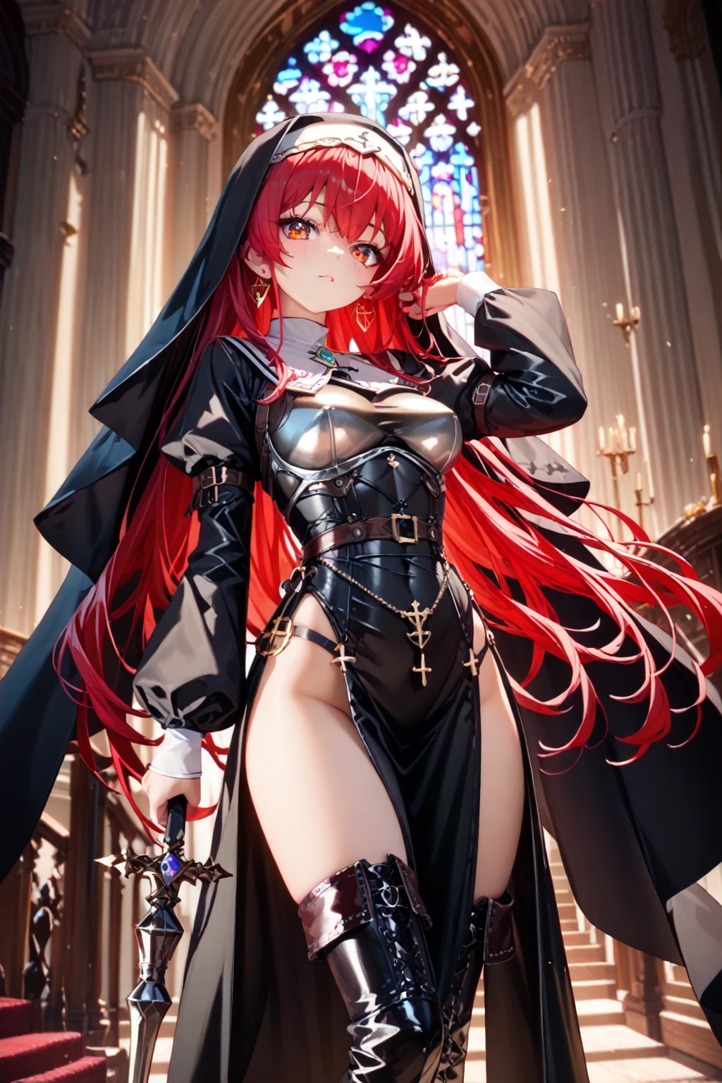 a nun, blood red long hair, against the background of the cathedral fresco, halo overhead, demonic sharp horns, Darling, masterpiece, open belly, Open legs, exposed hips, Middle Ages, detailed environment, detailed image, ultra high quality work, Sinner, Lustful,
