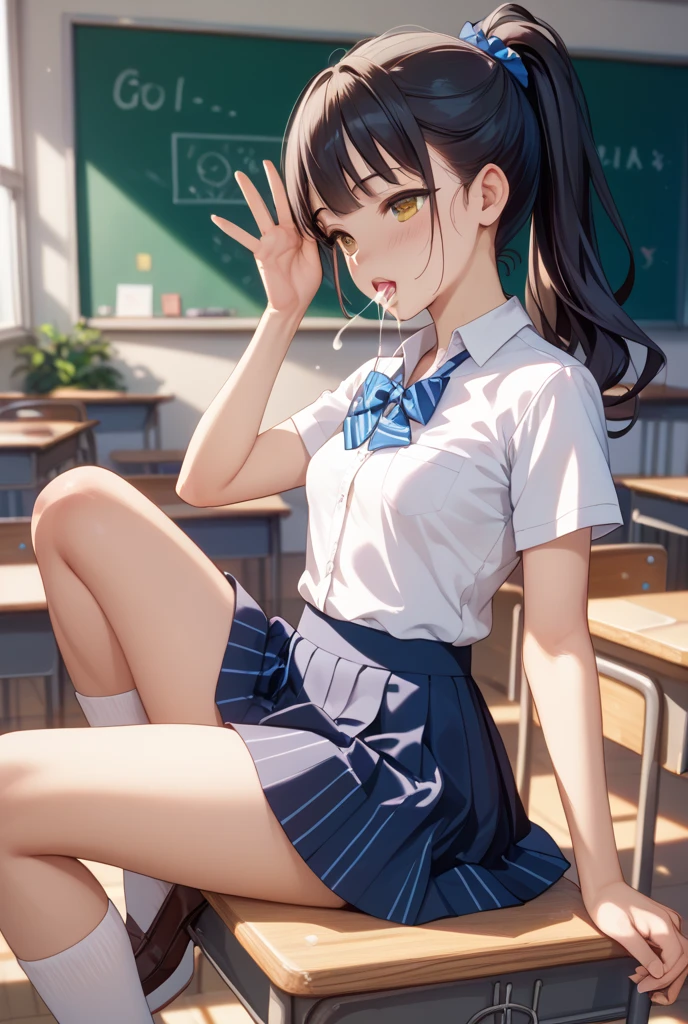 (masterpiece:1.3, top-quality, ultra high res, ultra detailed), (realistic, photorealistic:1.4), beautiful illustration, perfect lighting, natural lighting, colorful, depth of fields, surrealism, 
((beautiful white detailed hair))beautiful detailed face, beautiful detailed red eyes, beautiful clavicle, beautiful body, beautiful chest, beautiful thigh, beautiful legs, beautiful fingers, shiny skin, babyface, 
looking at viewer, 1 girl, japanese, high school girl, (perfect anatomy, anatomically correct, super detailed skin), cute and symmetrical face, perfect face, perfect eyes, perfect fingers,
(long hair) asymmetrical bangs, red eyes, big eyes, long eyelashes, (large breasts:1.2, seductive thighs), slender, outstanding style, 
((detailed cloth texture, break,break, white collared shirt, break,break, navy blue suit vest, break,break, blue plaid pleated skirt, break,break, purple blue bow tie), socks, black loafer), 
(beautiful scenery), (classroom, desk), (standing, leaning forward), (table humping, crotch rub), (heart shaped pupils, :3, aroused, ahegao, orgasm, in heat, naughty face, open mouth small), 