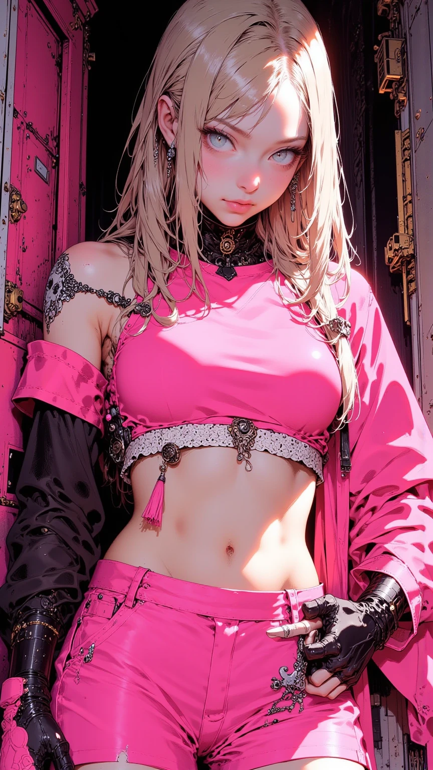 analog photo, editorial bdsm fashion photography, (((BDSM))), 24 year-old blonde woman, black latex catsuit, night, dark room, masterpiece, best quality, ultra-detailed, ((((yellow and pink neon light)))), ((big boobs)), white hair, (((model pose))), (((((cleevage))))), Fetish clothing, Physical restraint, Bondage cuffs, Bondage harness, Chains, Collar, Plastic wrap, Bondage tape, slutty, hot, sexual, detailed skin texture, beautiful detailed face, hyperrealistic, real, 4k, (((fit body))))), ((abs)), supermodel, masterpiece, eye level, Kodak Funsaver, Porta 160, 20mm, bokeh, in the style of Nan Goldin, textured, high contrast, ultrarealistic, 4k, hyperreal, modern, ((minimal))