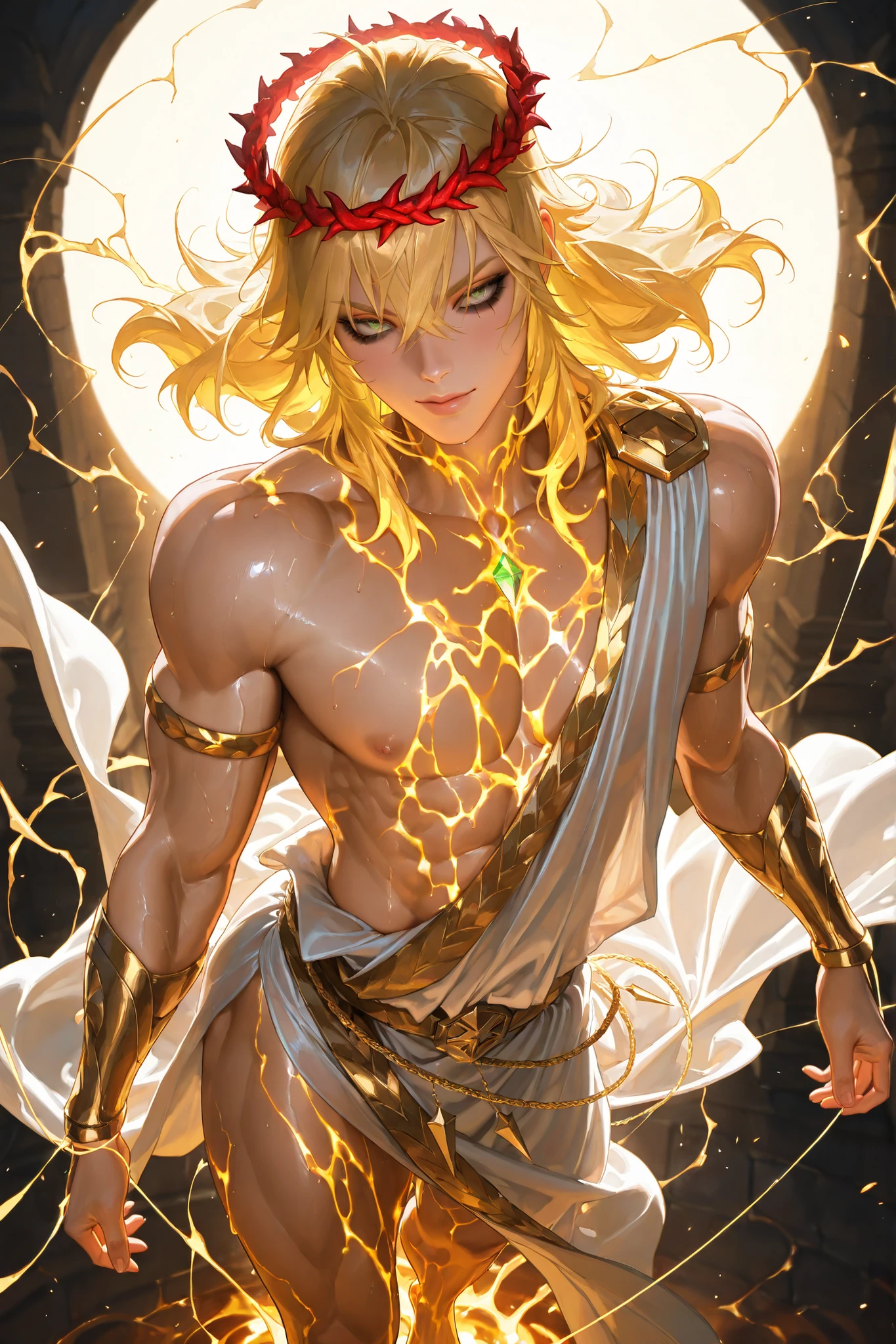8k, complex, elegant, highly detailed, majestic, digital photography, surrealist painting, beating magic, space, (masterpiece, side light, fine beautiful eyes: 1.2), HDR, (glowing eyes), nude upper body, golden tattoos, gold hair, muscles, tan skin, , flaming crown, handsome, facing the camera, full body, floating, masculine, masterpiece, (21 years old, mature face) Apollo, sun god.