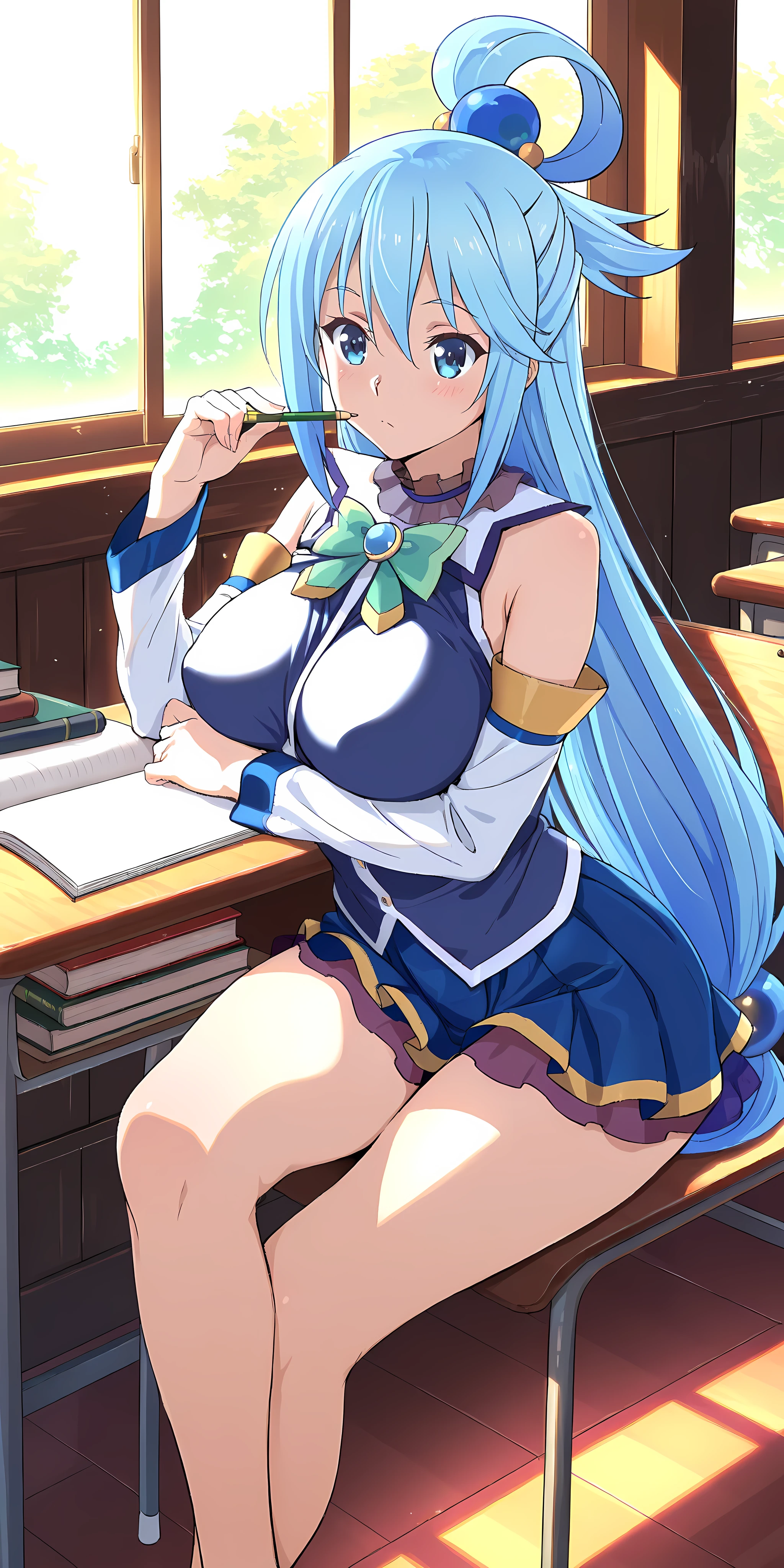 (masterpiece, best quality, ultra detailed, 8k, anime style).
Aqua (KonoSuba), blue eyes, slender body, big breasts, long legs, wide hips and blue hair that reaches her waist, partially tied in a bow with a ball clip.
Aqua (KonoSuba), sitting at her desk, focused on her notebook, pencil in hand, slightly confused expression, books open, sunlight on the desk, anime classroom
Japanese school setting sunlight coming through the window, anime background.