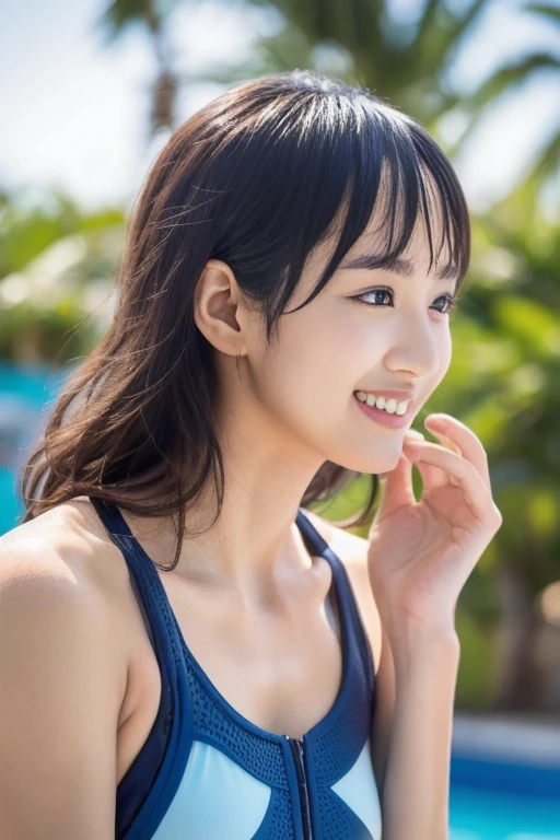 8k, Ultra-high resolution, highest quality, masterpiece, Surreal, photograph, 1 girl, (16 years old:1.3), pretty girl, Cute Face, 細部までBeautiful Eyes, 細かくdetailedに,masterpiece,, One Girl:1.2, Japan Female Announcer, One beautiful woman, 謎めいたbeauty,(Low - Angle,From below),((Semi-long beautiful black hair,Blunt bangs,ponytail,Beautiful Eyes)),(alone),(Elegant swimwear), (Swimming in the sea),(An innocent, cute laugh,teeth), (Cinema Lighting),Beach, sand, blue sky, Wave,Bold Pose,Looking at the audience、beauty,Long neck、Laugh a little、Please close your mouth and laugh、(((Ideal body type))),A cup small breasts :2,、Portraiture:2、Perfect Anatomy、鮮明なdetailed、detailed、Surreal、Light and shadow,Strong light,Fashion magazine cover,Thin lips