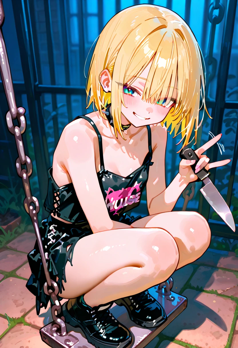 Solo character, full body version, baby ??? girl, blonde hair, short haircut, one eye covered by hair, green eyes, cute face, bra clothing, torn shorts, poor girl, without shock, without shoes, her neck has iron handcuffs, her hands have iron handcuffs, sad, sad eyes, smile mouth, indoor room Prison, detailed shadow, sit down gesture, blood in Character, injuries, injuries blood in face