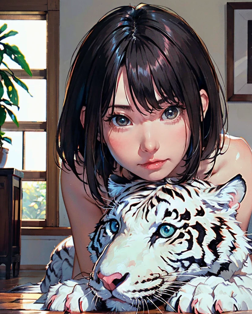 125
(a 20 yo woman,Art Works), (A hyper-realistic), (high-level image quality), ((beautiful hairstyle 46)), ((short-hair:1.46)), (Gentle smile), (breasted:1.1), (lipsticks), (florals), (Luxurious room), (Depth of field is deep), (a Dog:1.46) (masterpiece, top-quality, Official art:1.2)Look at viewericro bikini, tiger and girl, Tiger painting}A flash of light runs, Colorful water levitation(2D:1.5),