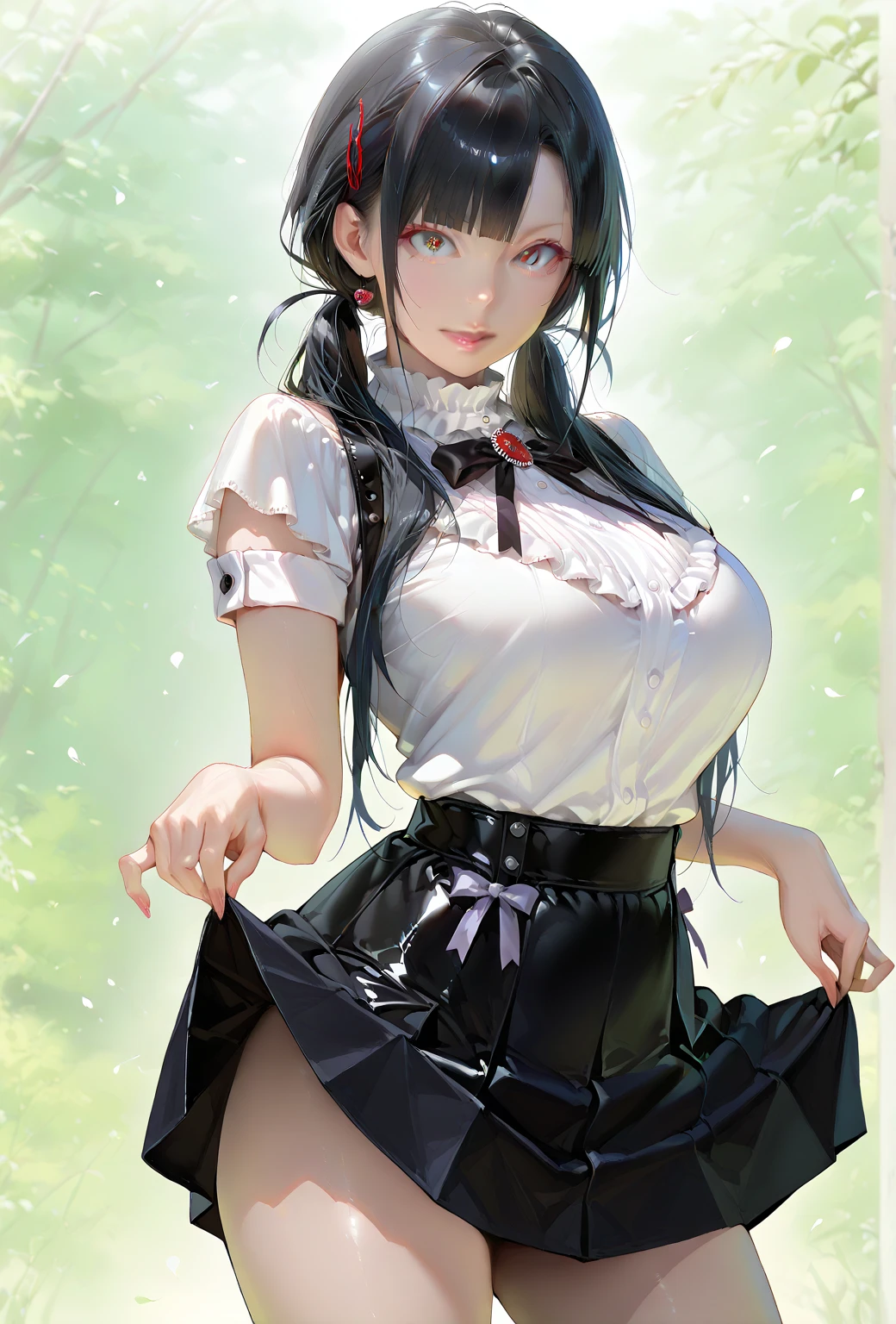 22 years old, (milf:0.8), (solo:1.5), (sfw:1.25), cute breast, beautiful breasts, medium tits,black suspenders,(Bulging ,big breasts:1.1),(Black miniskirt:1.3),garters,Gaze,Small face,bangss,holster,Belt Armament,Beautuful Women, thin waist, big ass:1.0, Raised sexy, (dark green mediumlong hair,side ponytail,hair between eyes,bangs, red eyes, light smile, big , Revimpling fabric, earrings, Hand gloves, detailed face,(smoking:1.3),detailed and beautiful eyes,beautiful detailed lips,Rolling her eyes,manner,(ultra high resolution, 8K RAW photo, photo realistics, thin outline:1.3, clear focus), best qualtiy, natural lighting, textile shading, field depth (Bright pupils, fine detailed beautiful eyes with highlight:1.3, high detailed face), Red lip, fine realistic skins:1.1, looking down viewers:1.3, (dynamic angle:1.3, front view:1.1, breast focus:1.3, from below:1.2), (dynamic posing:1.5, sexy posing:1.2, leaning forward),Youghal, side lock, hair ornaments, hair band,nice,garden background,artistic rendering,Super detailed,(highest quality,4k,8K,High resolution,masterpiece:1.2),Bright colors,studio lighting ,in usa military base,
