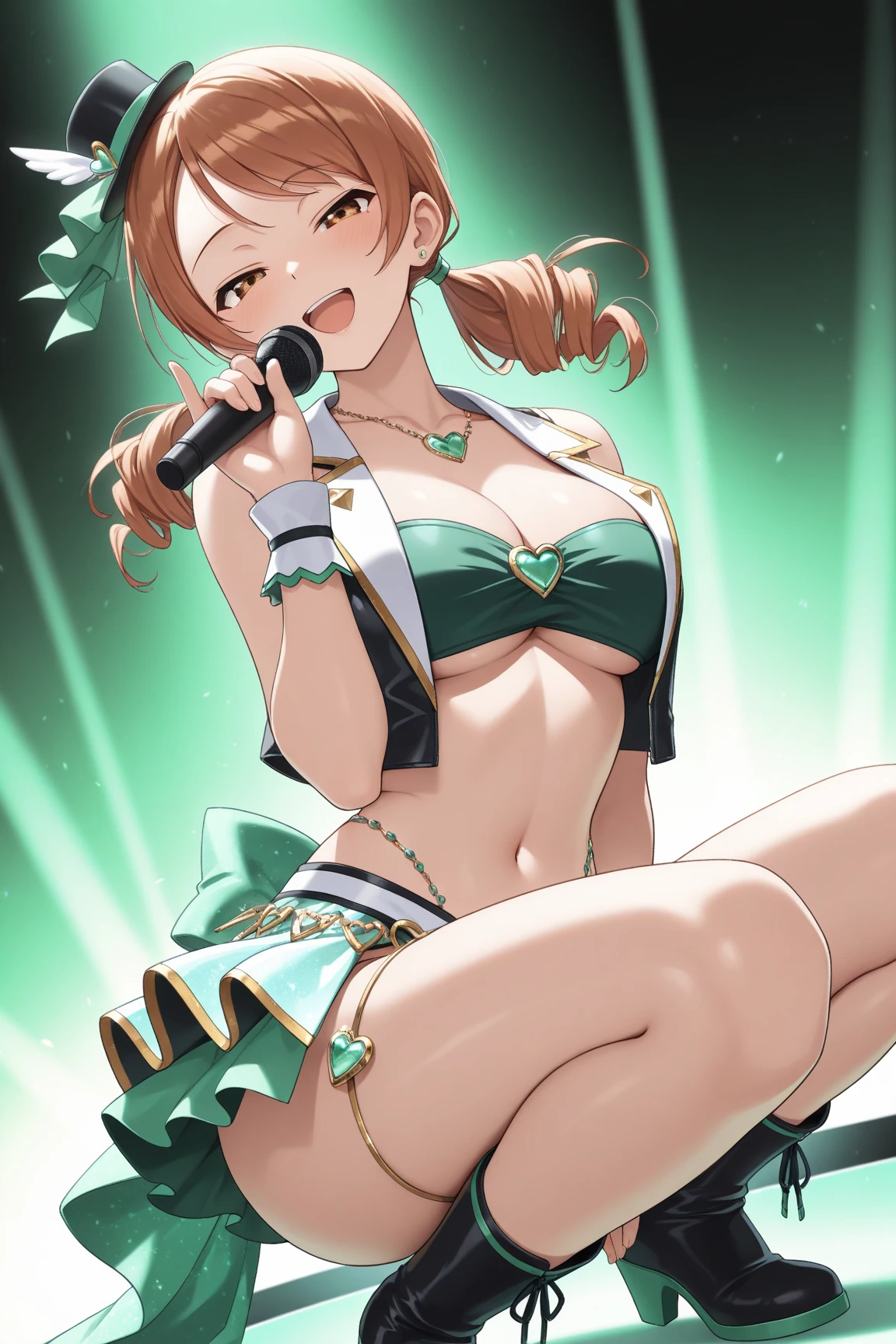 score_9_up, score_8_up, score_7_up, 1girl, solo, source_anime, hourglass figure, Big breasts, kemonomimi, bear ears, brown hair, short hair, messy_hair, blue eyes BREAK freckles, (Idol dress), heart shaped jewerly, detached sleeves, green bikini top, bikini top only, bare shoulders, strapless, gloves, navel, green skirt, green wristband, , standing, blue background, open mouth, instrument, holding instrument, electric guitar, holding guitar, playing instrument, smile, neon lights, spotlight, contrapposto, happy