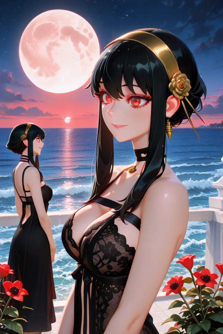 Ukiyo-e style　Anne Anderson, Adrienne Segur Anime　wondrous　strange　Whimsical　surreal　fanciful　Sci-Fi Fantasy　Strawberry Parfait　sea side　Moon Night solo girl hyperdetailed high definition high resolution high quality masterpiece Huge tits breasts close up large ass