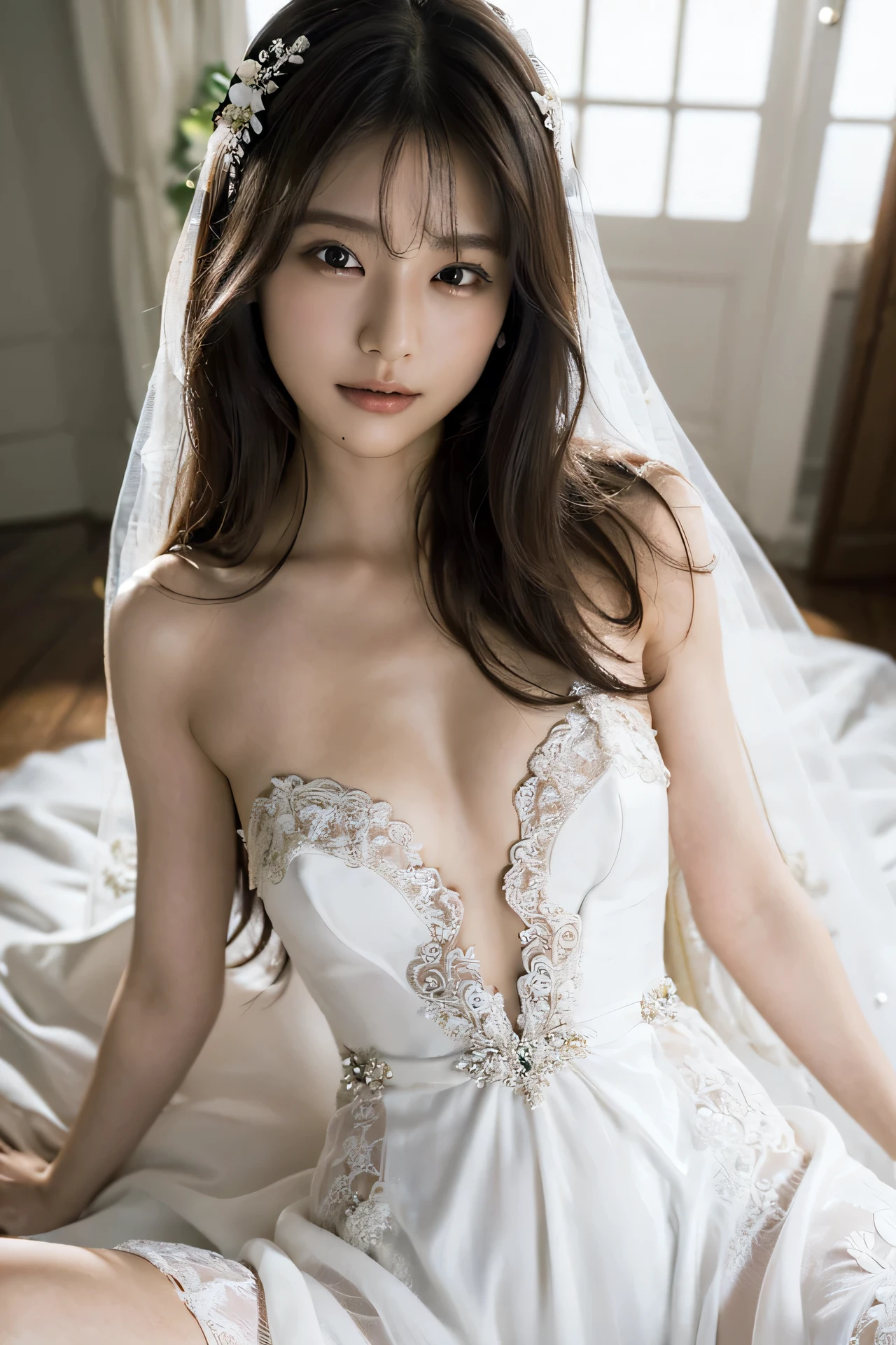 (masterpiece), Best Quality, Highest Quality, Highly detailed CG Unity 8k wallpaper, Original, High resolution, (depth of fields: 1.5), fidelity: 1.3, small breasts, Bride portrait style, 1 girl, drapes, veils , Bridal Veil, wedding dress, drapes, Jewelry, Solo, earrings, tusk, bride, Black_hair