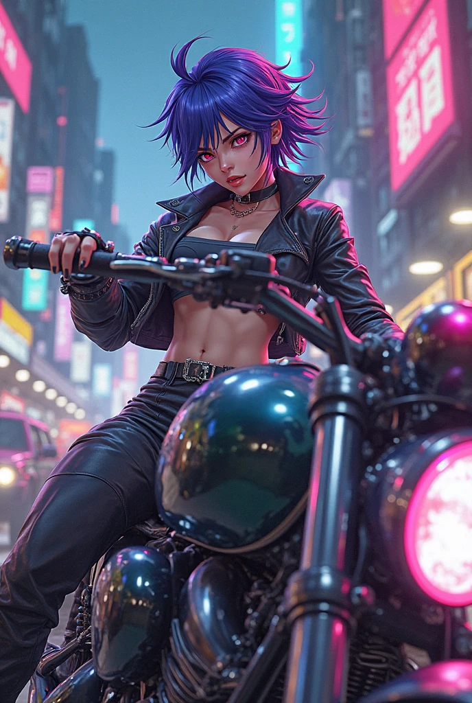 Motorcycle, sexy female, short purple hair, violet eyes, city --auto --s2
