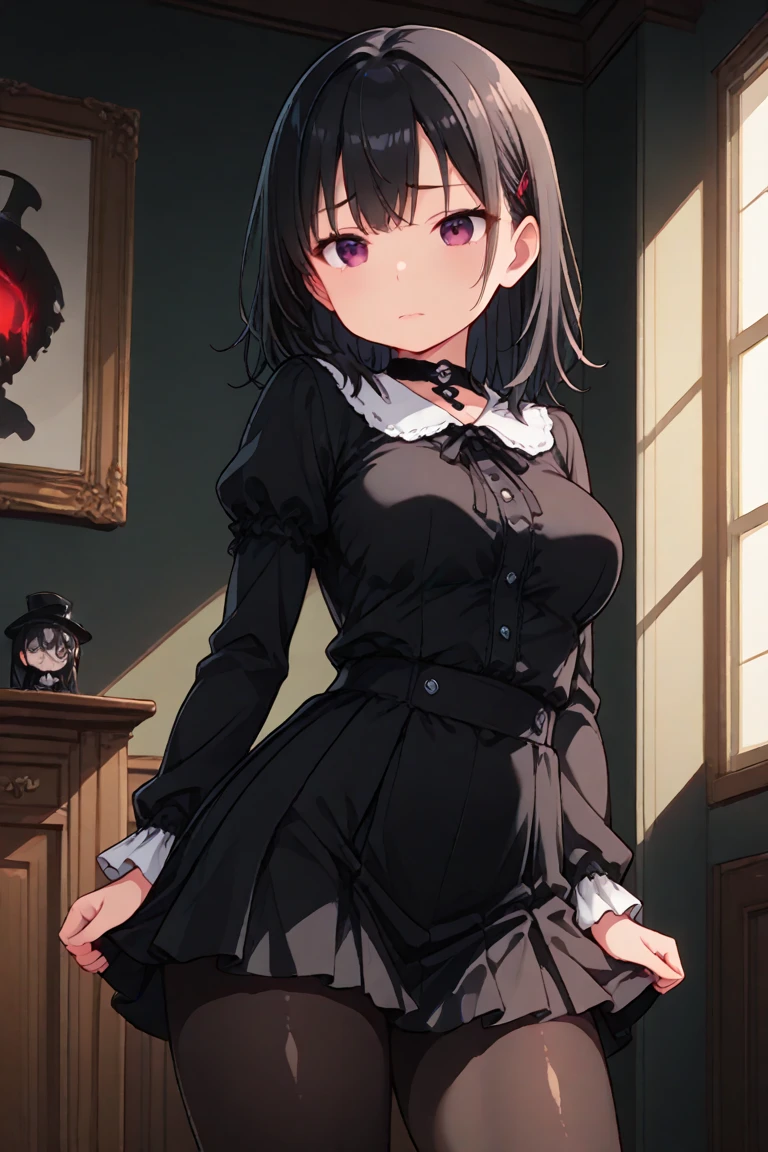 Masterpiece, of the highest quality, illustration from the novel., high resolution, young woman, beautiful body, slim, semi developed chest, dressed in victorian dress, Red and black colored dress, dress that covers the entire chest, black hair, wide, straight, brown and black eyes, friendly and cute face ((Upper part of the body:1.3))