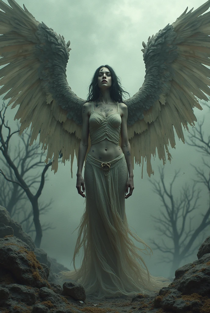 epiCSepia, a sad female fallen angel with broken black wings in a foggy swamp, squatting, drenched in cum,covered in cum,looking down, skulls and roses, closed eyes, dystopic, highly detailed, (high detailed skin:1.2), vibrant colors, intricate, ultra hd, sharp focus, F4, Luis Royo style, film grain, Fujifilm XT3