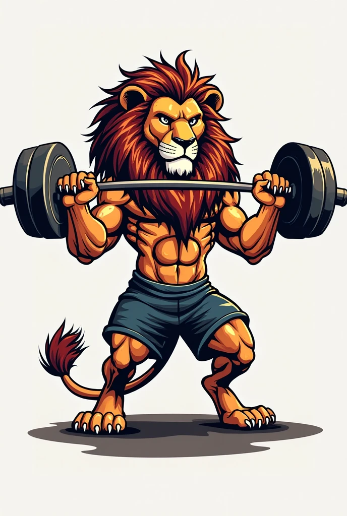 "A strong, muscular yellow lion with an uncovered torso, wearing black shorts and barefoot. The lion is holding a barbell with black weight plates on each side raised above its head with both arms. Around its neck, it wears a gold medal with a red ribbon. A three-pointed crown rests on its head, symbolizing strength and royalty."