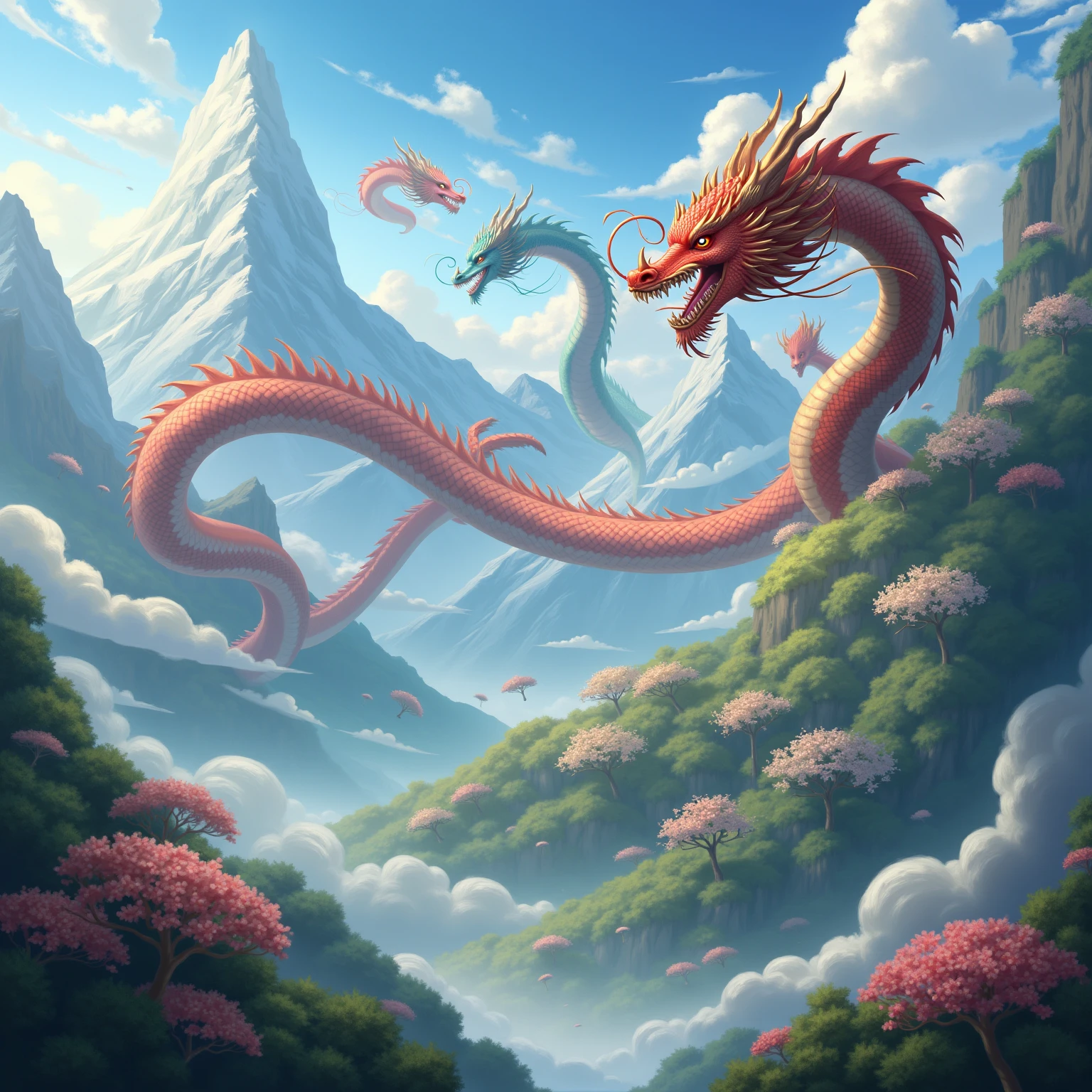 Create a digital artwork that captures a majestic red Chinese dragon soaring above a temple situated on a mountain. The temple features intricate architecture, with ornate roofs and detailed carvings, surrounded by lush trees and rugged rocks. A winding staircase leads up to the temple, and a solitary man is seen walking up the stairs, his form small in comparison to the grandeur of the scene.

The dragon, colossal in size, has a serpentine body that is visible in its entirety, revealing its majestic red scales. It has three antler-like horns on each side of its head, adding to its regal appearance. The dragon’s face is in sharp focus, displaying intricate scales and piercing eyes that gazeCreate a digital artwork that captures a majestic red Chinese dragon soaring above a temple situated on a mountain. The temple features intricate architecture, with ornate roofs and detailed carvings, surrounded by lush trees and rugged rocks. A winding staircase leads up to the temple, and a solitary man is seen walking up the stairs, his form small in comparison to the grandeur of the scene.

The dragon, colossal in size, has a serpentine body that is visible in its entirety, revealing its majestic red scales. It has three antler-like horns on each side of its head, adding to its regal appearance. The dragon’s face is in sharp focus, displaying intricate scales and piercing eyes that gaze down at the man below. The texture of its skin should be hyper-detailed, capturing the realism of each scale and the subtle nuances of its expression.

The overall scene should be rendered in super-realistic, hyper-detailed 4k and 8k resolution, emphasizing the fine details of the dragon’s face, the temple, and the natural surroundings. The atmosphere should evoke a sense of awe and wonder, highlighting the ancient and mystical essence of the dragon as a guardian of the mountain temple.undefined, undefined, undefined, undefined, undefined, undefined, undefined, undefined, undefined, undefined, 